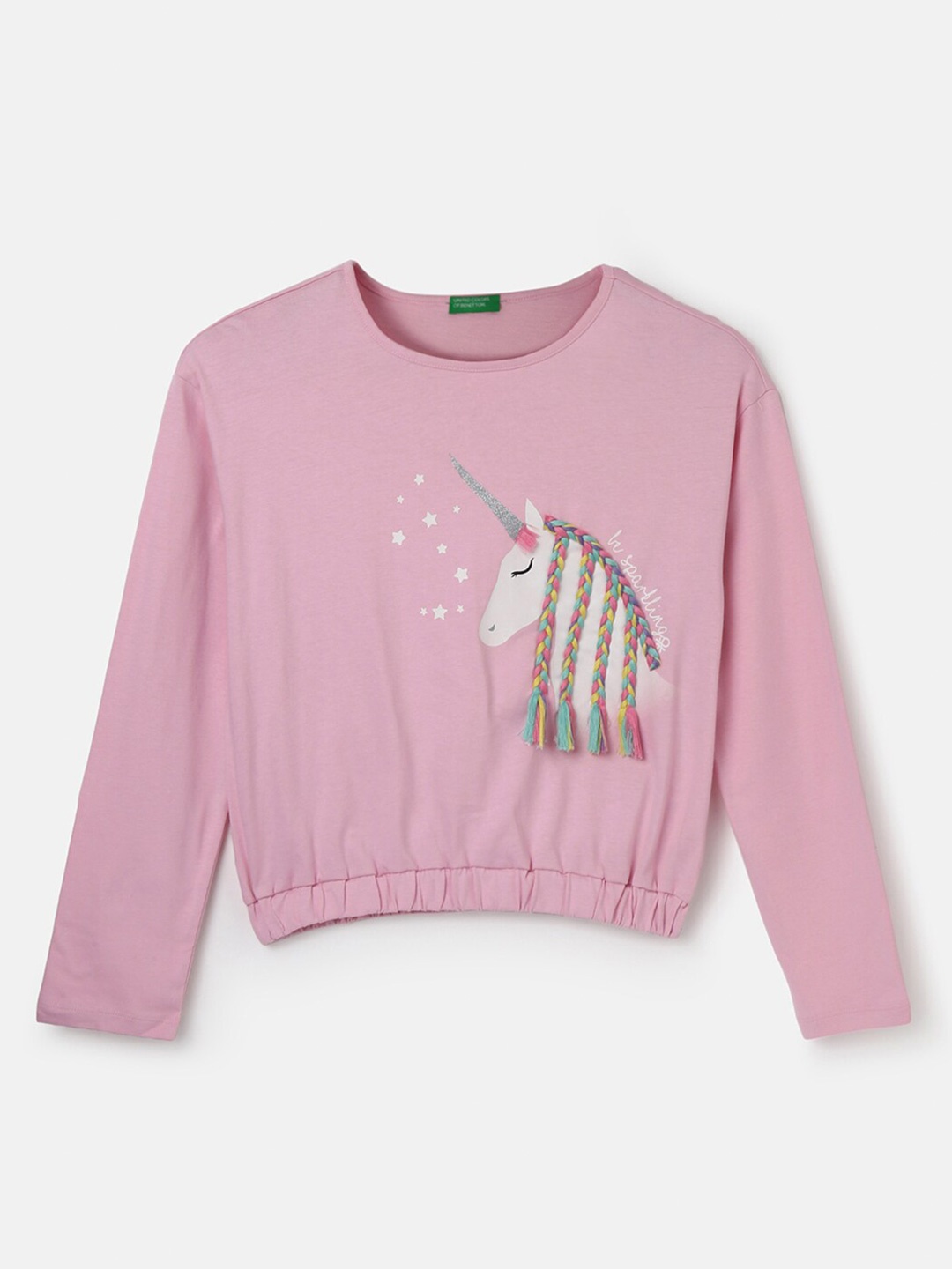 

United Colors of Benetton Girl's Unicorn Embroidered Round Neck Cotton Blouson Top, Pink