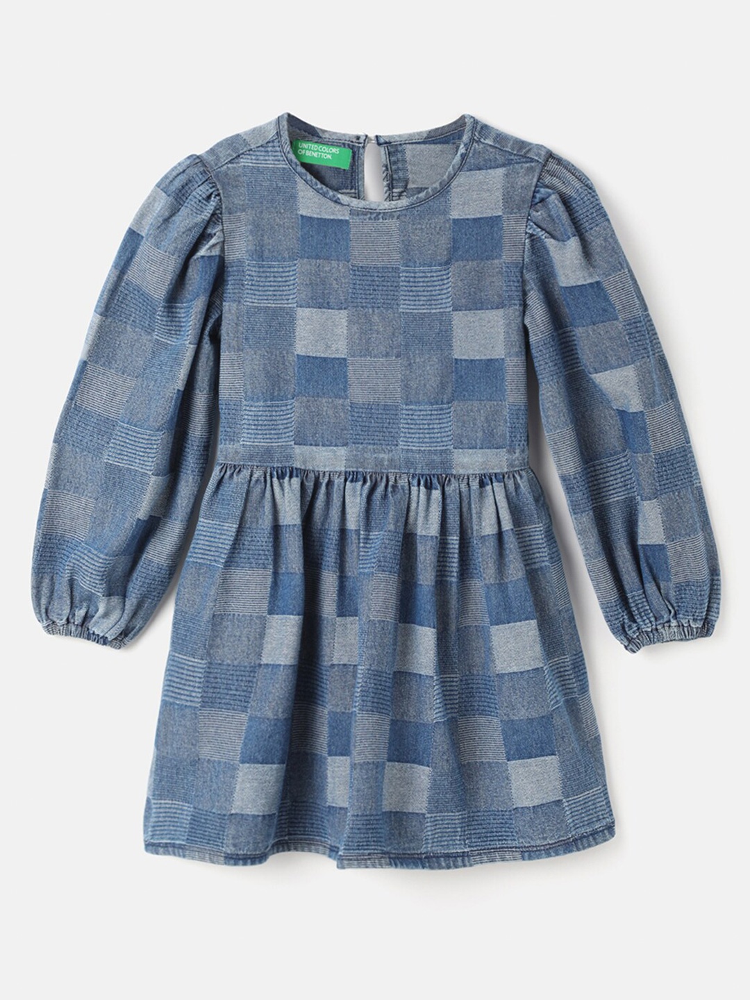 

United Colors of Benetton Girls Checked Cotton Puff Sleeve A-Line Dress, Blue