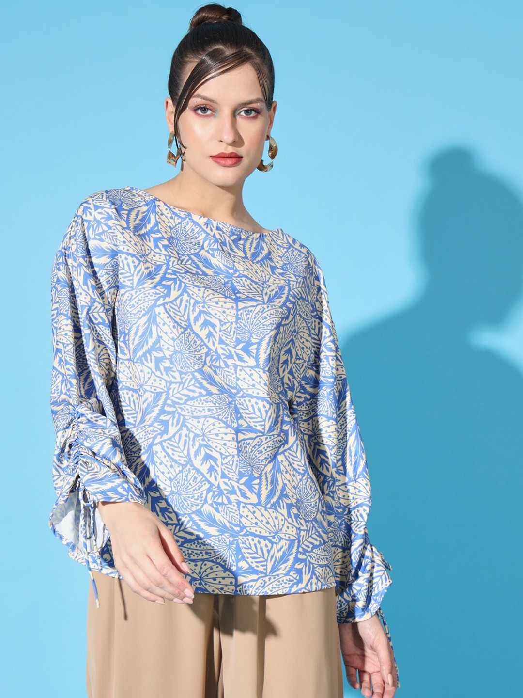 

angloindu Abstract Print Extended Sleeves Gathered Detail Top, Blue