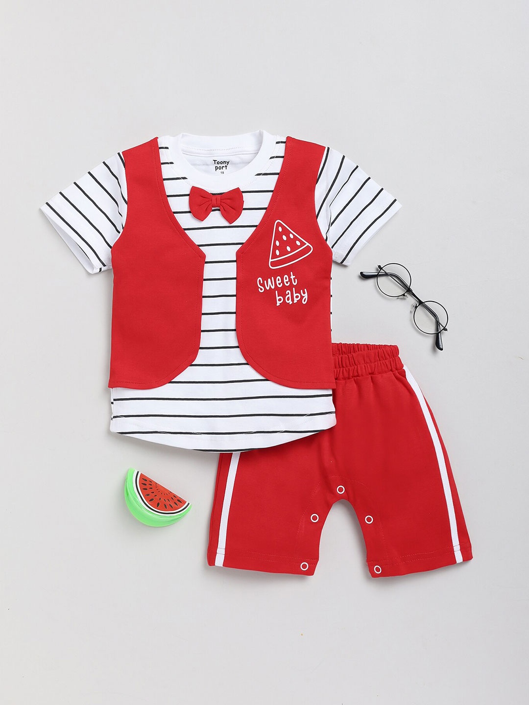

Toonyport Boys Striped T-shirt with Shorts, Red