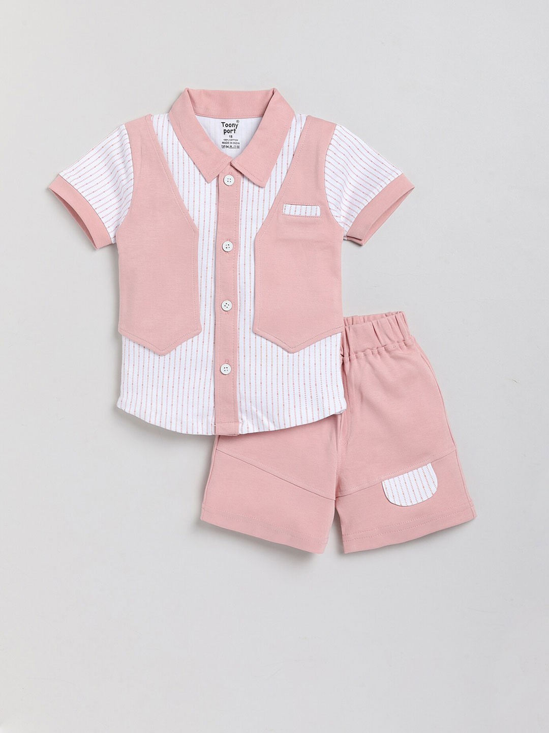 

Toonyport Boys Striped Pure Cotton Shirt With Shorts, Peach