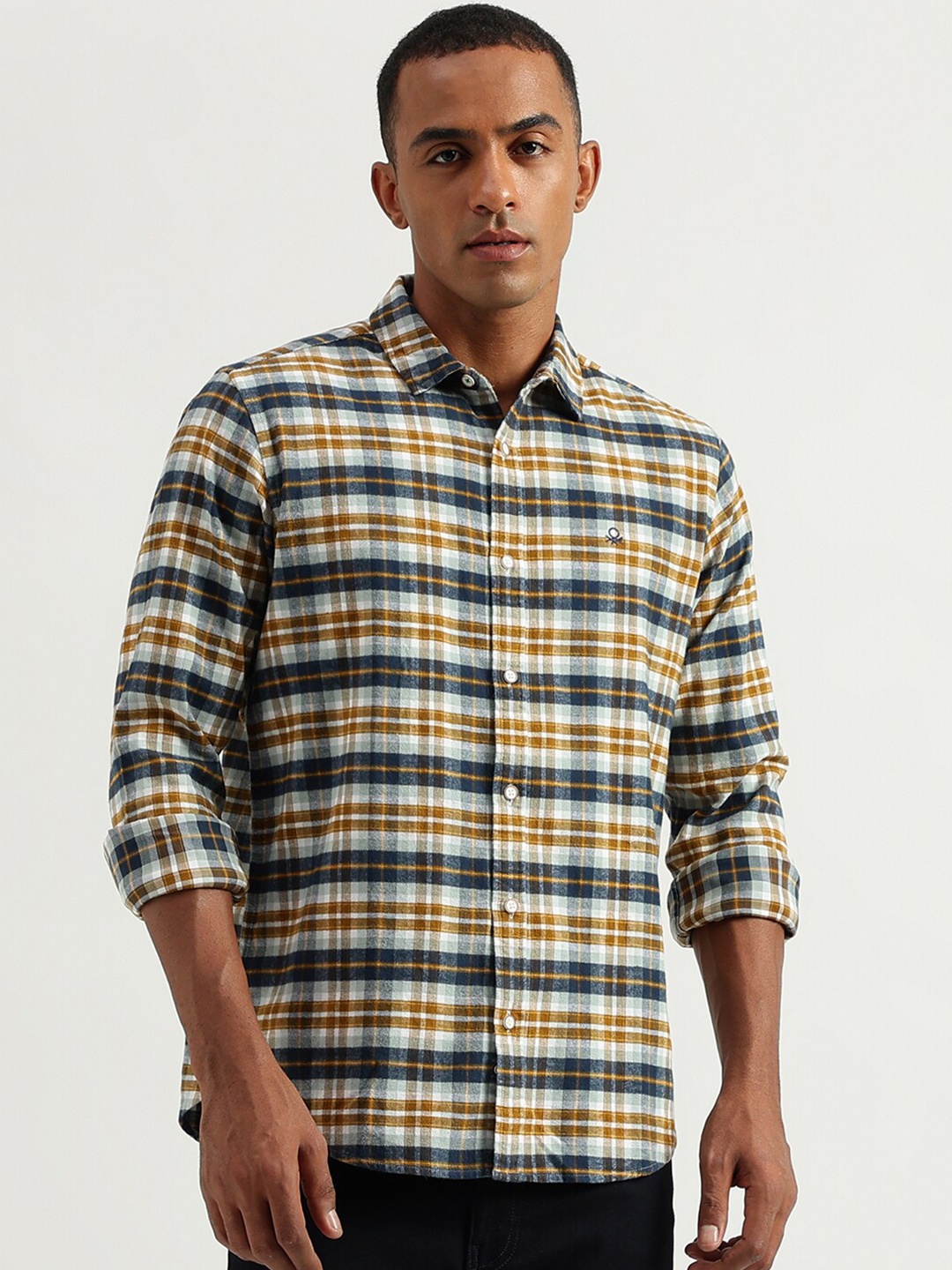 United Colors of Benetton Tartan Checked Casual Cotton Shirt, Blue