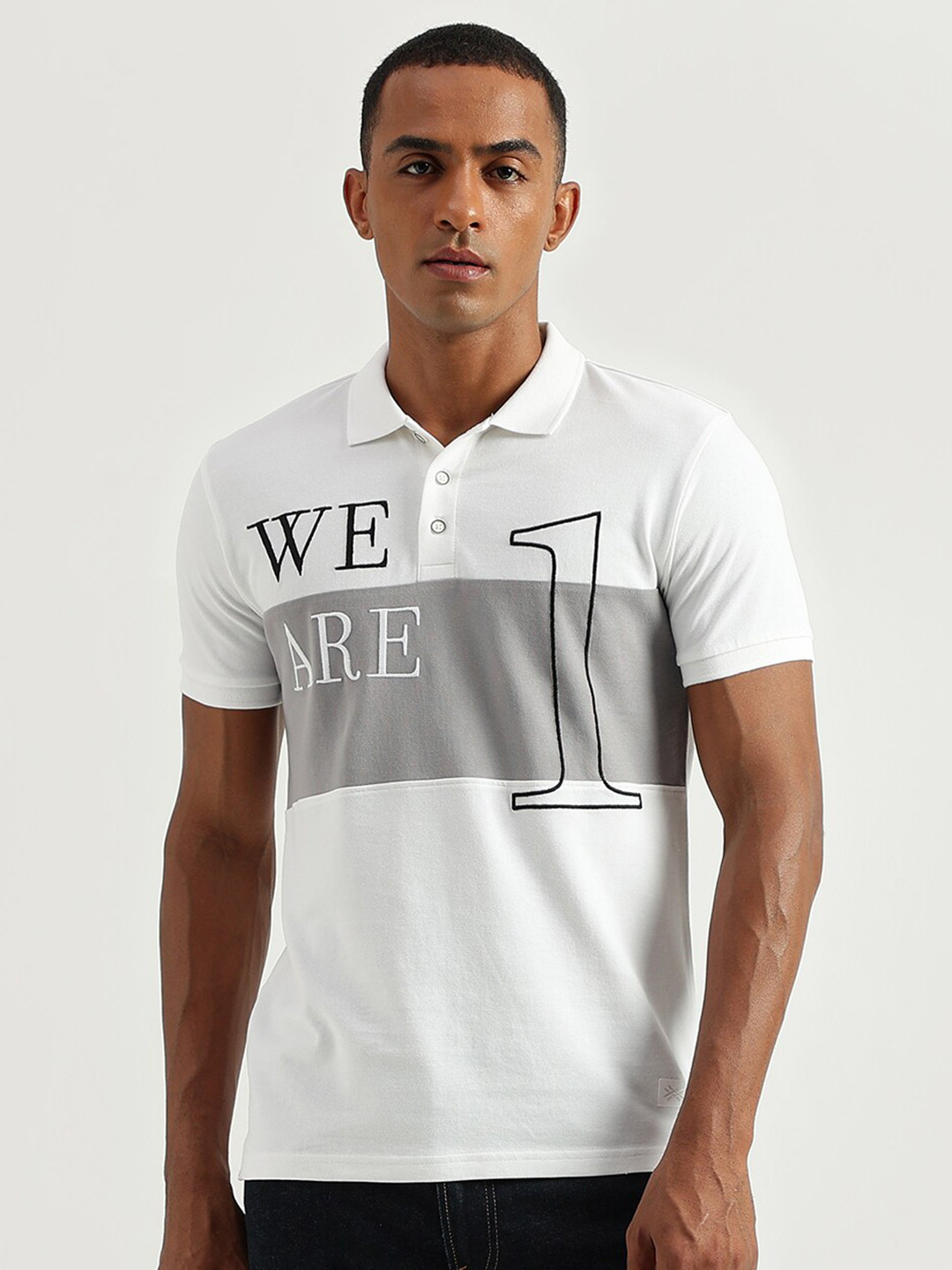

United Colors of Benetton Men Typography Printed Polo Collar Cotton T-shirt, White