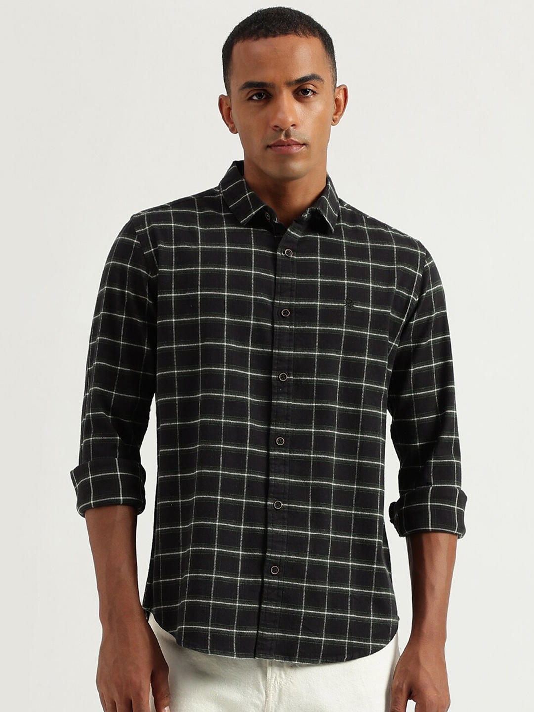 

United Colors of Benetton Windowpane Checked Cotton Casual Shirt, Black