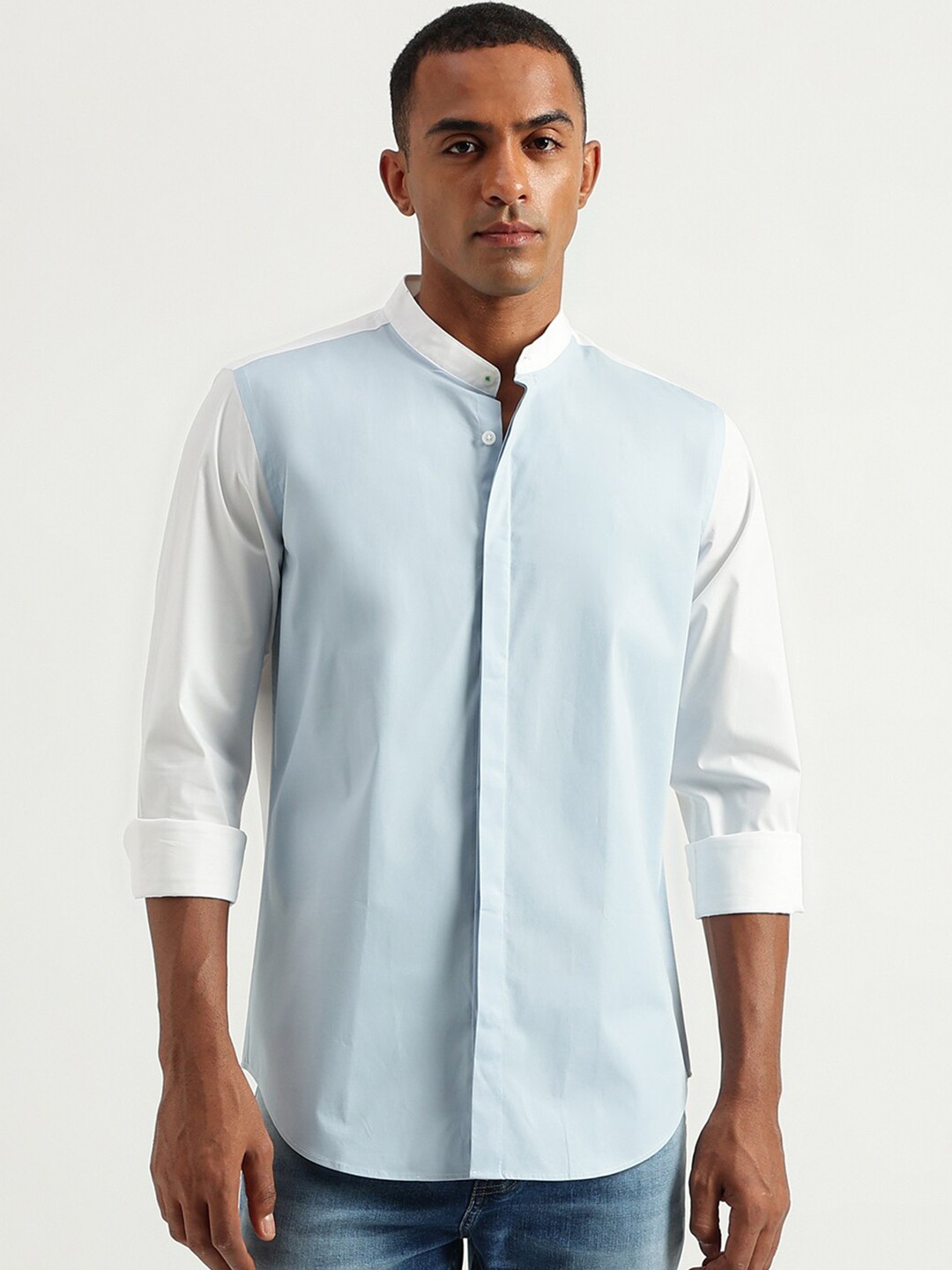 

United Colors of Benetton Band Collar Slim Fit Cotton Casual Shirt, Blue