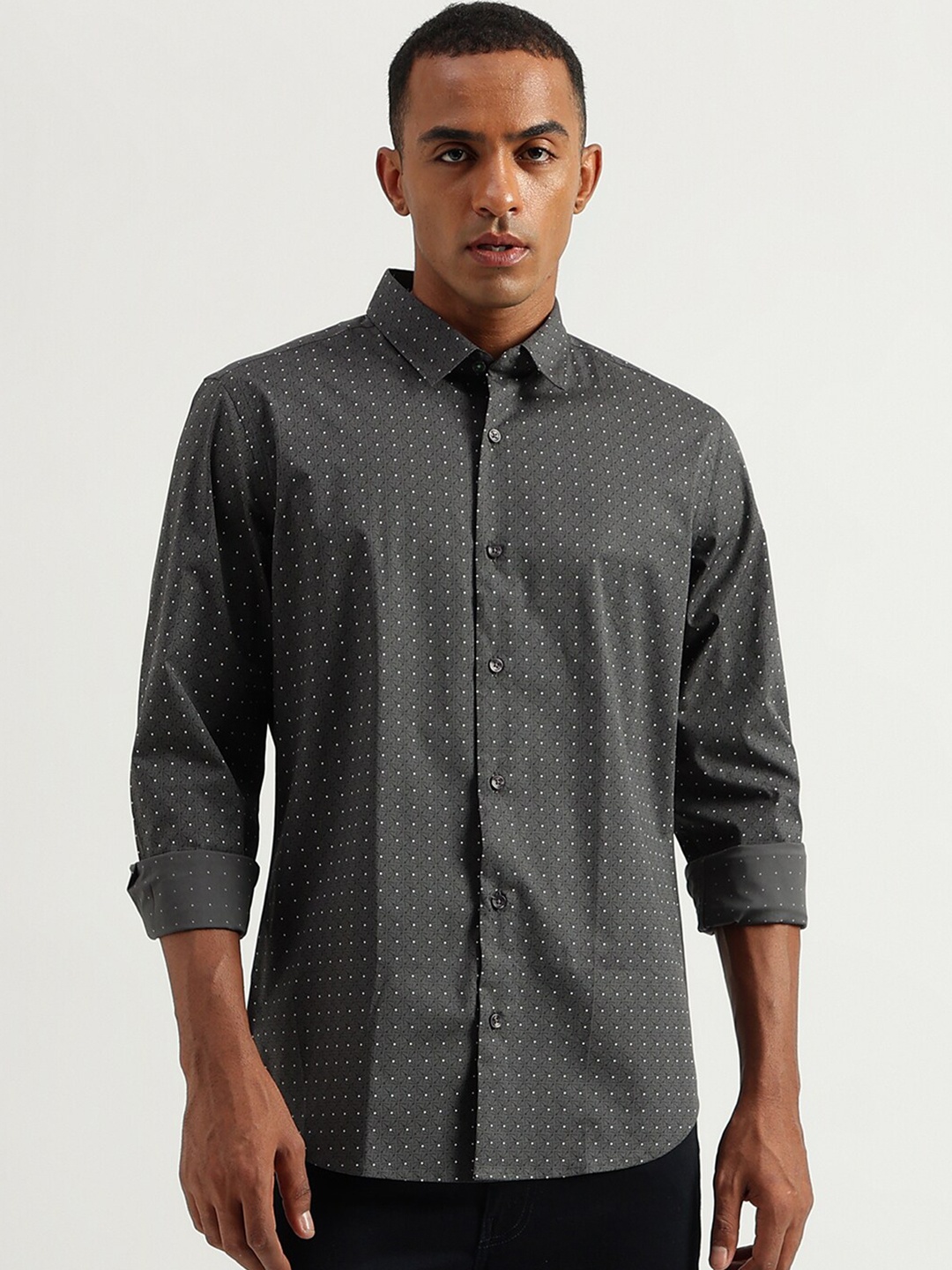 

United Colors of Benetton Slim Fit Micro Ditsy Printed Cotton Casual Shirt, Grey