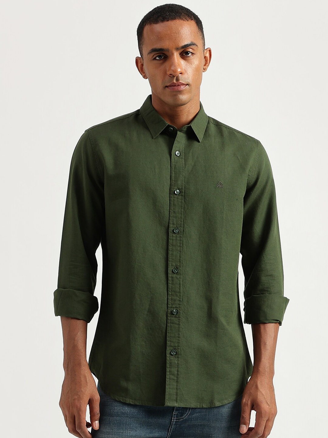 

United Colors of Benetton Spread Collar Slim Fit Casual Shirt, Olive