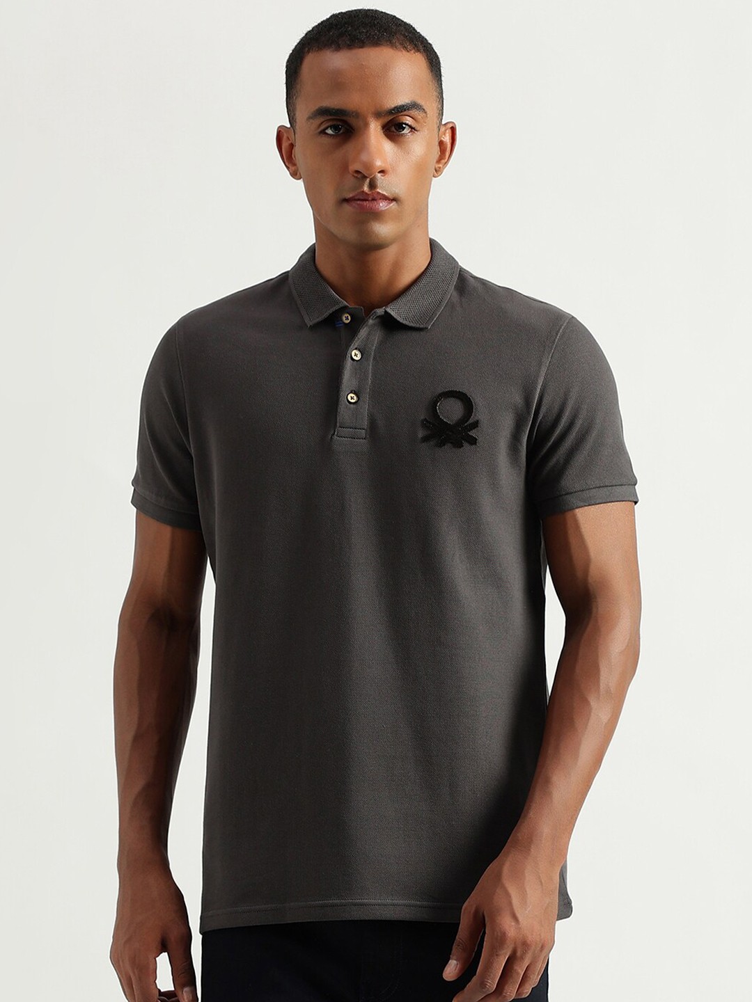 

United Colors of Benetton Polo Collar Applique Cotton T-shirt, Grey