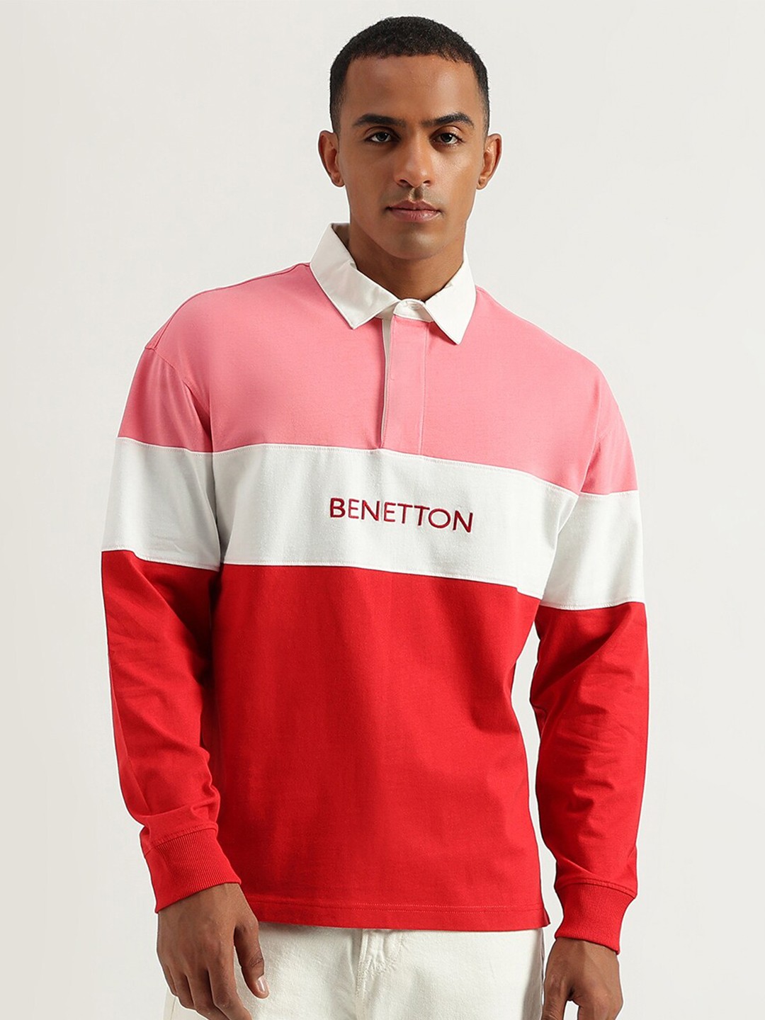 

United Colors of Benetton Colourblocked Polo Collar Cotton T-Shirt, Pink