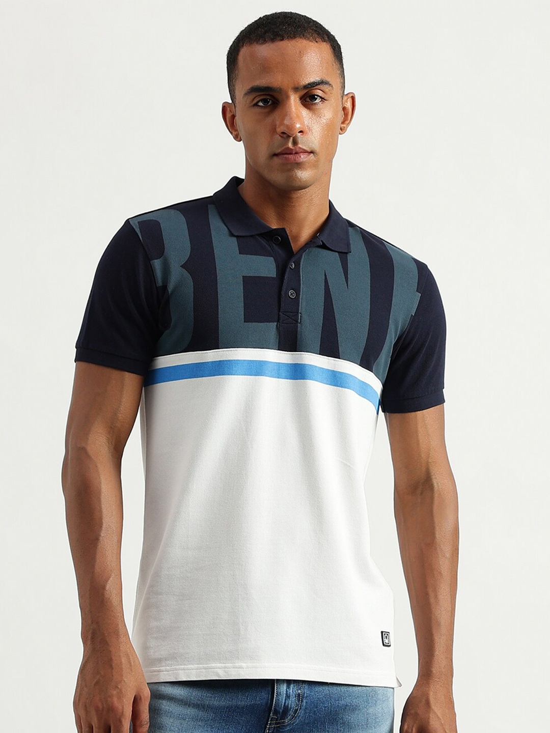 

United Colors of Benetton Colourblocked Polo Collar Cotton T-shirt, Black