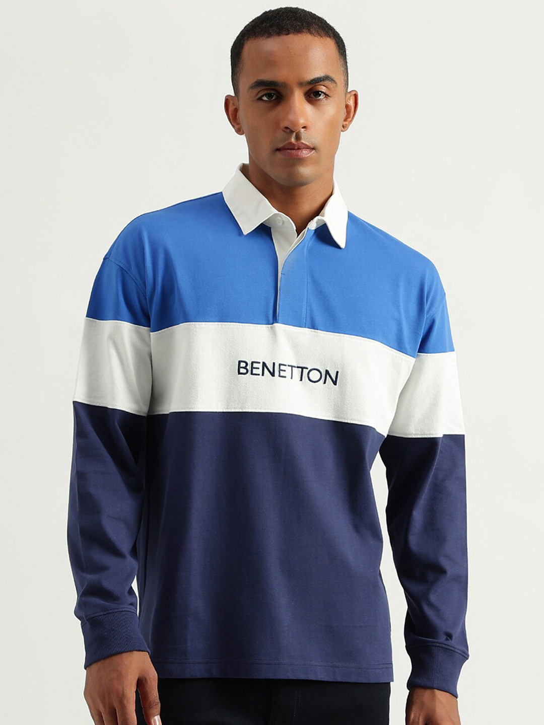 

United Colors of Benetton Colourblocked Polo Collar Cotton T-shirt, Blue