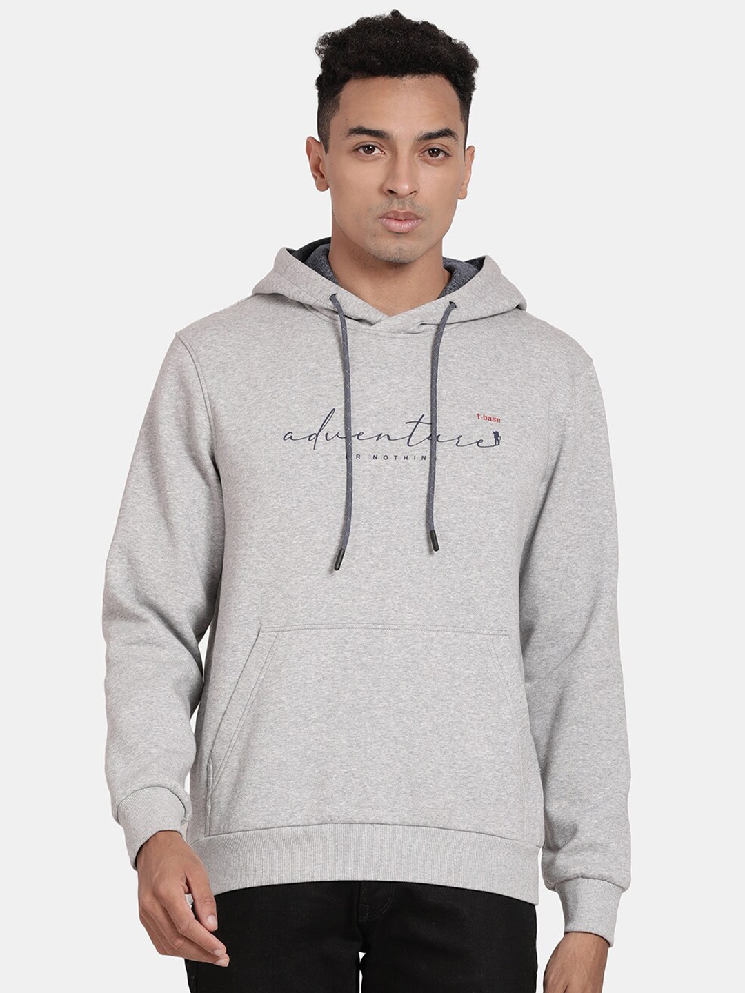 

t-base Typography Printed Hooded Pullover Sweatshirt, Grey melange