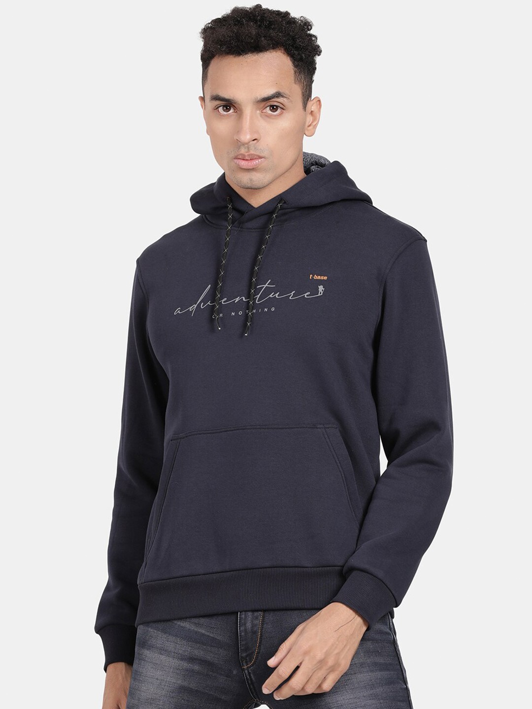 

t-base Typography Printed Hooded Pullover Sweatshirt, Navy blue
