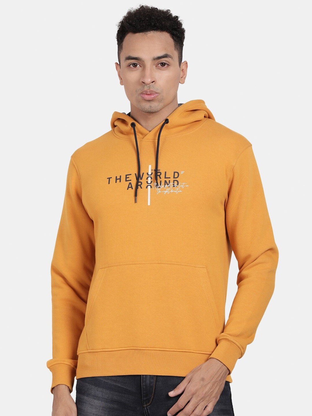 

t-base Typography Printed Hooded Pullover Sweatshirt, Yellow