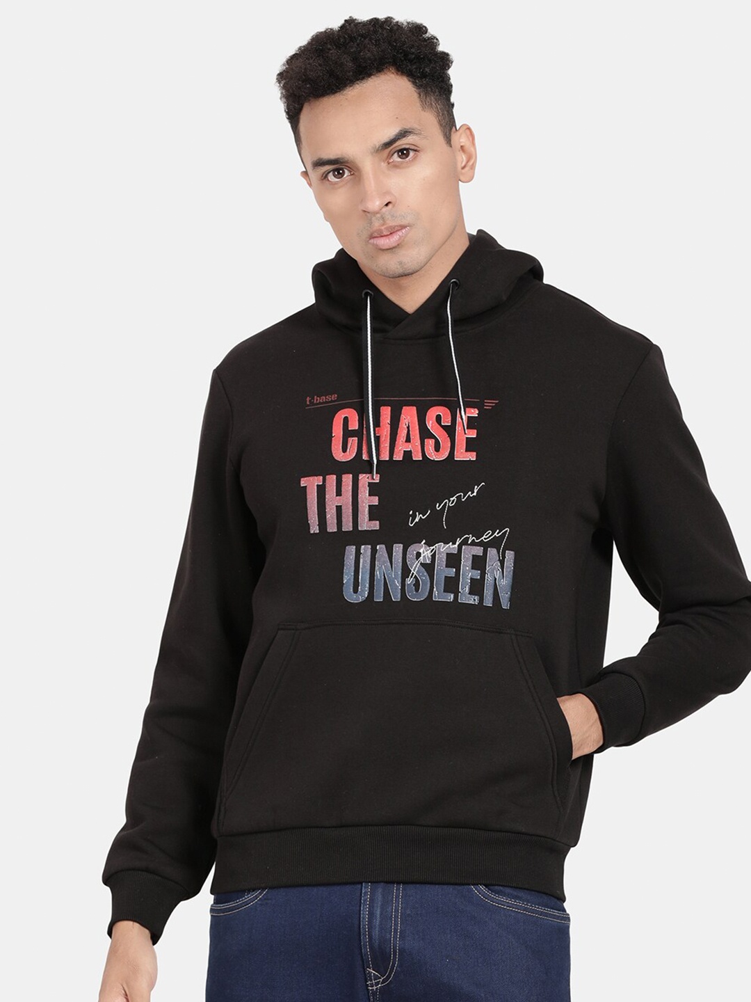 

t-base Typography Printed Hooded Pullover Sweatshirt, Black