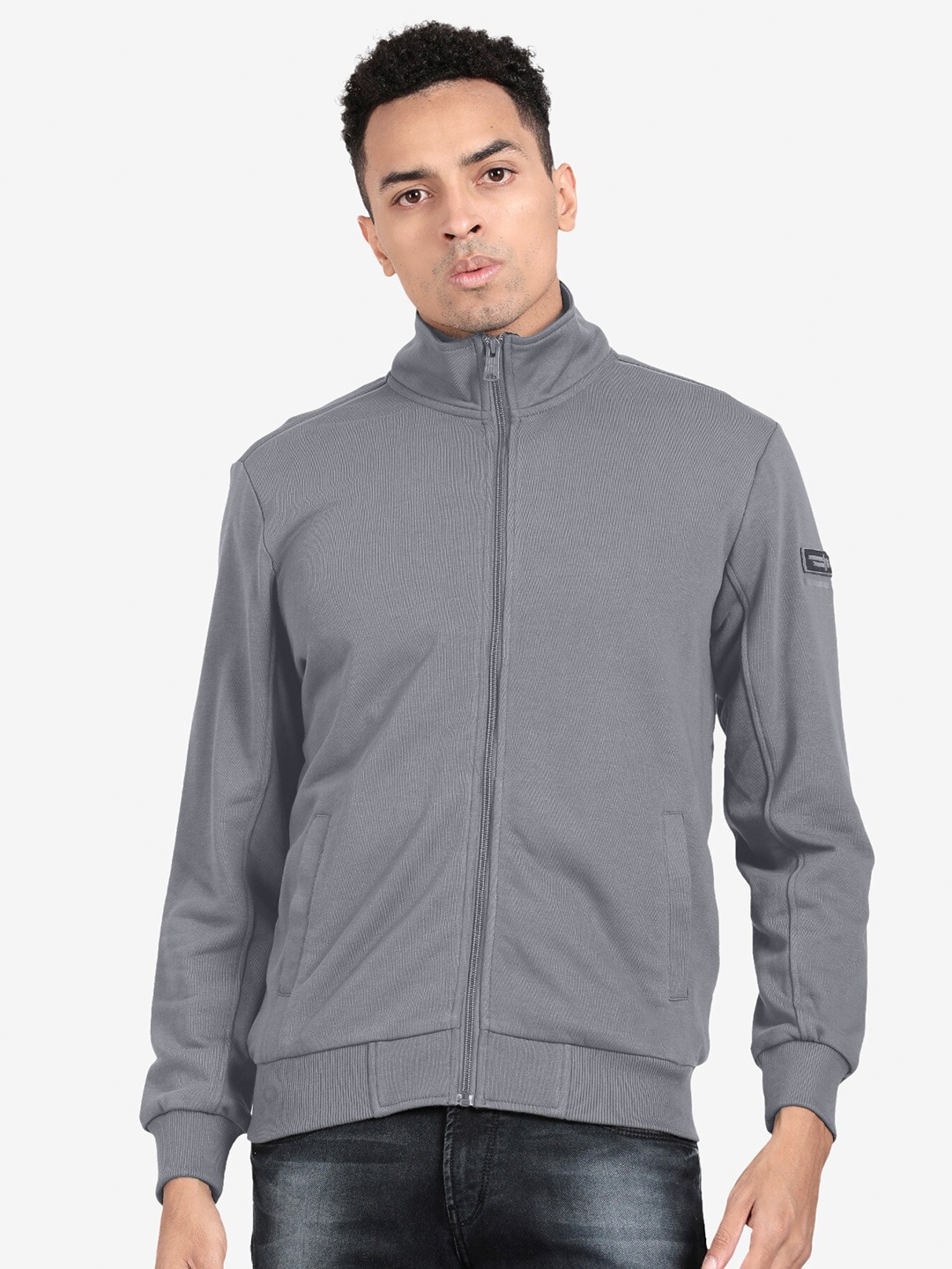 

t-base High Collar Front Open Sweatshirt, Grey