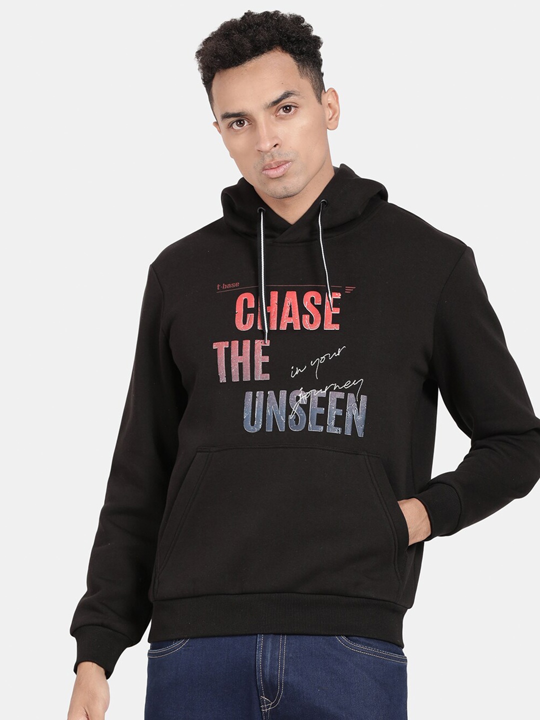 

t-base Typography Printed Hooded Cotton Sweatshirt, Black