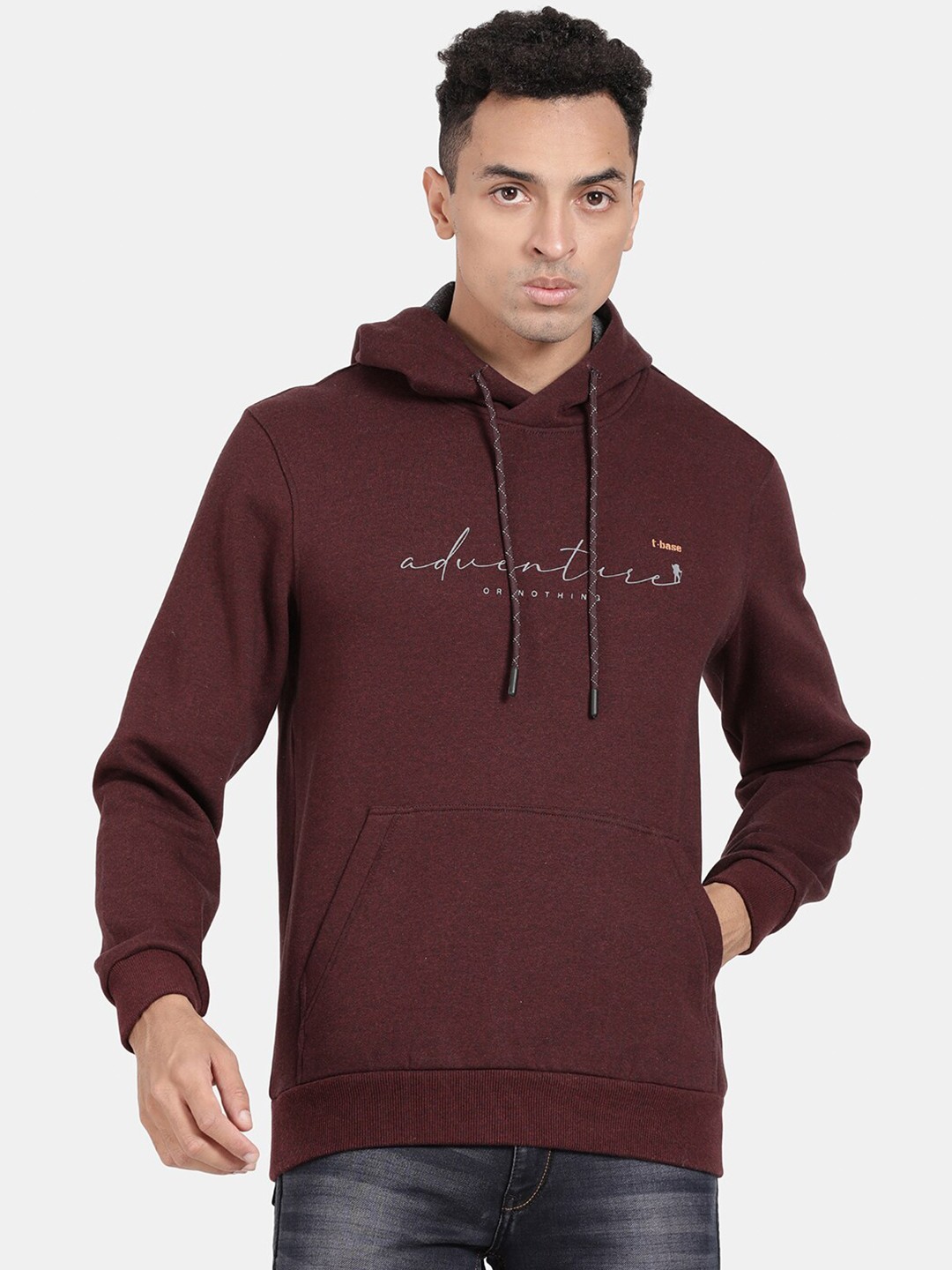 

t-base Typography Printed Hooded Long Sleeves Sweatshirt, Maroon