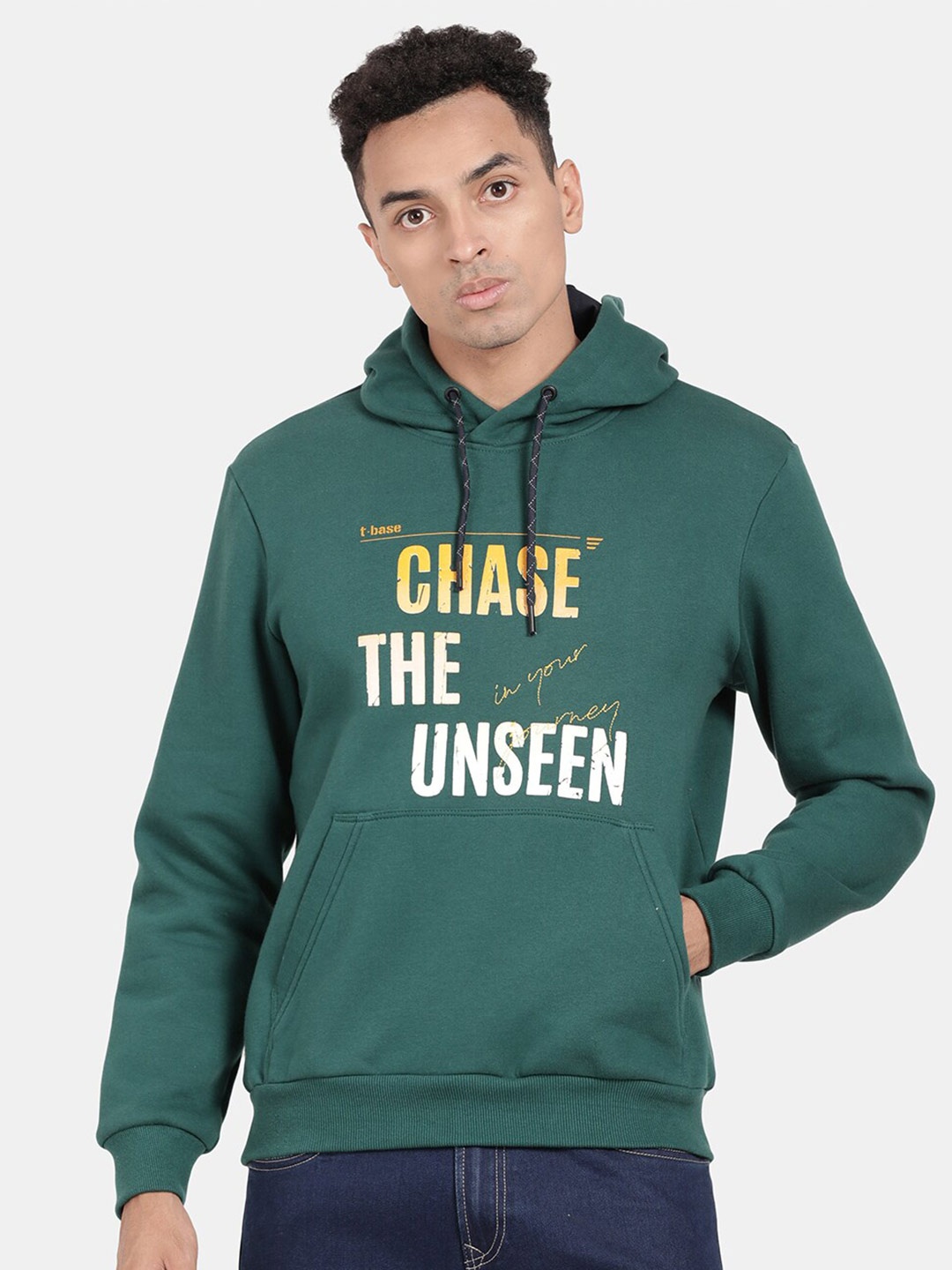 

t-base Typography Printed Hooded Pullover Sweatshirt, Green