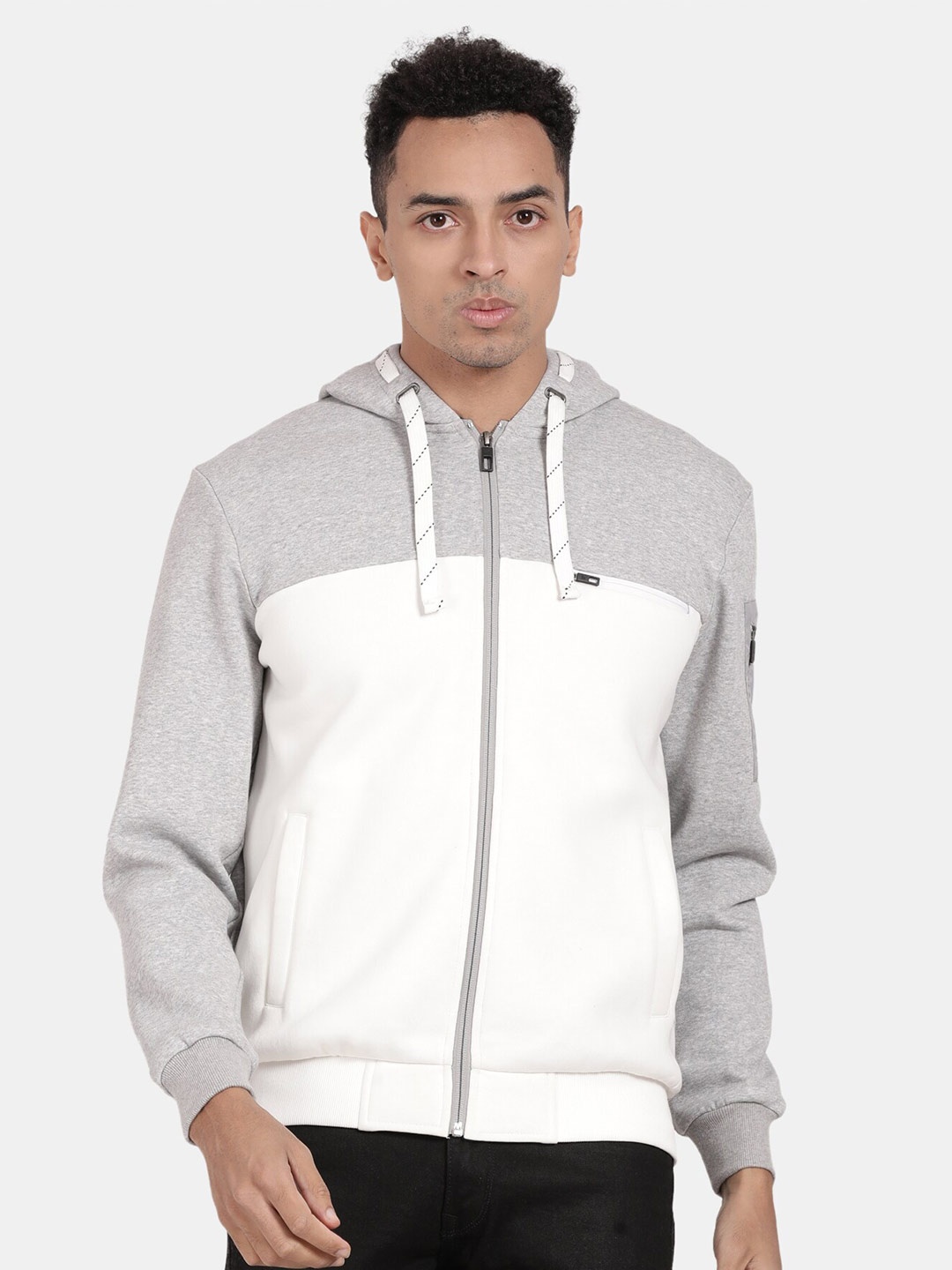 

t-base Colourblocked Hooded Front-Open Sweatshirt, Grey melange
