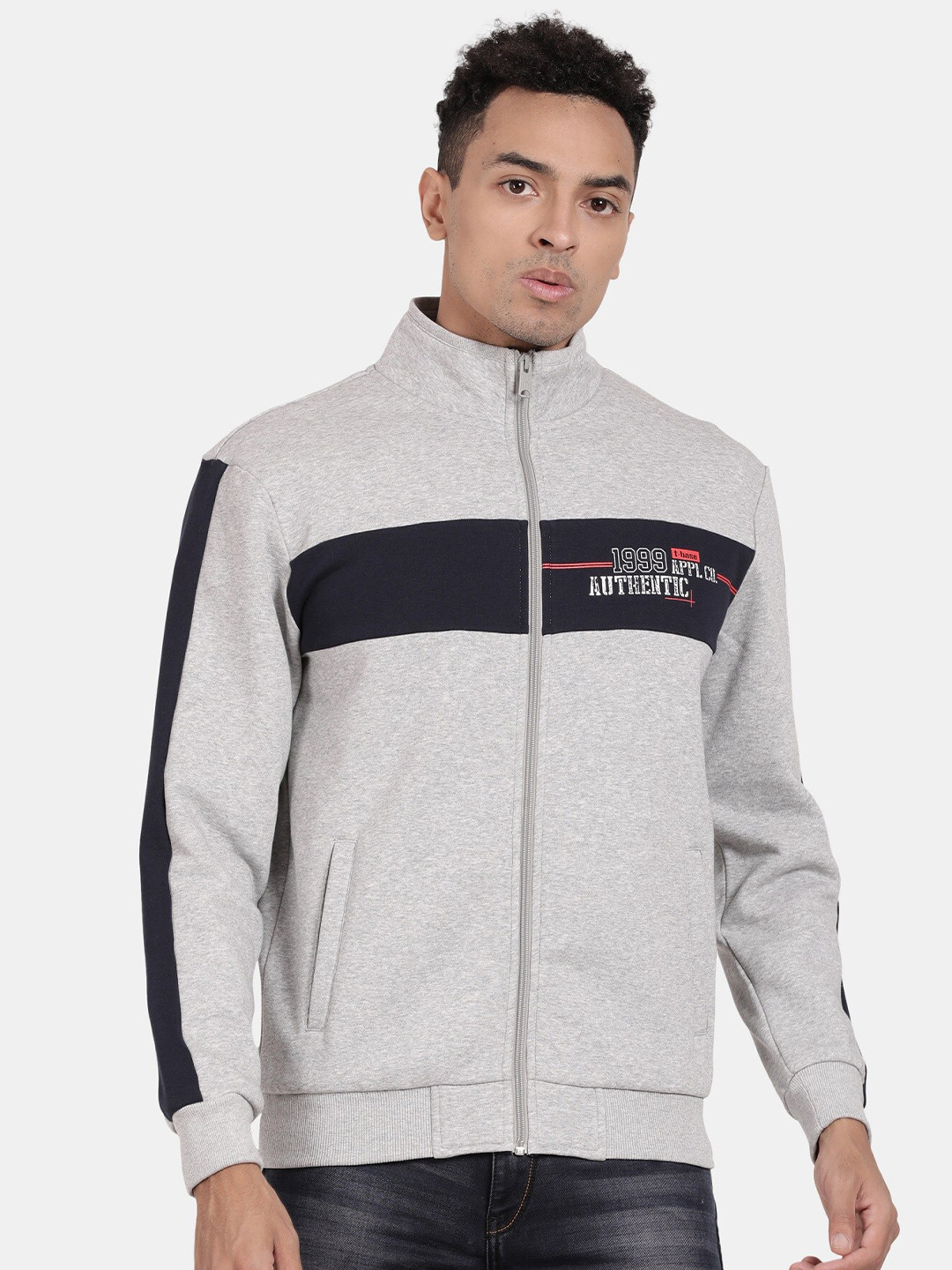 

t-base Mock Collar Colourblocked Front Open Sweatshirt, Grey melange