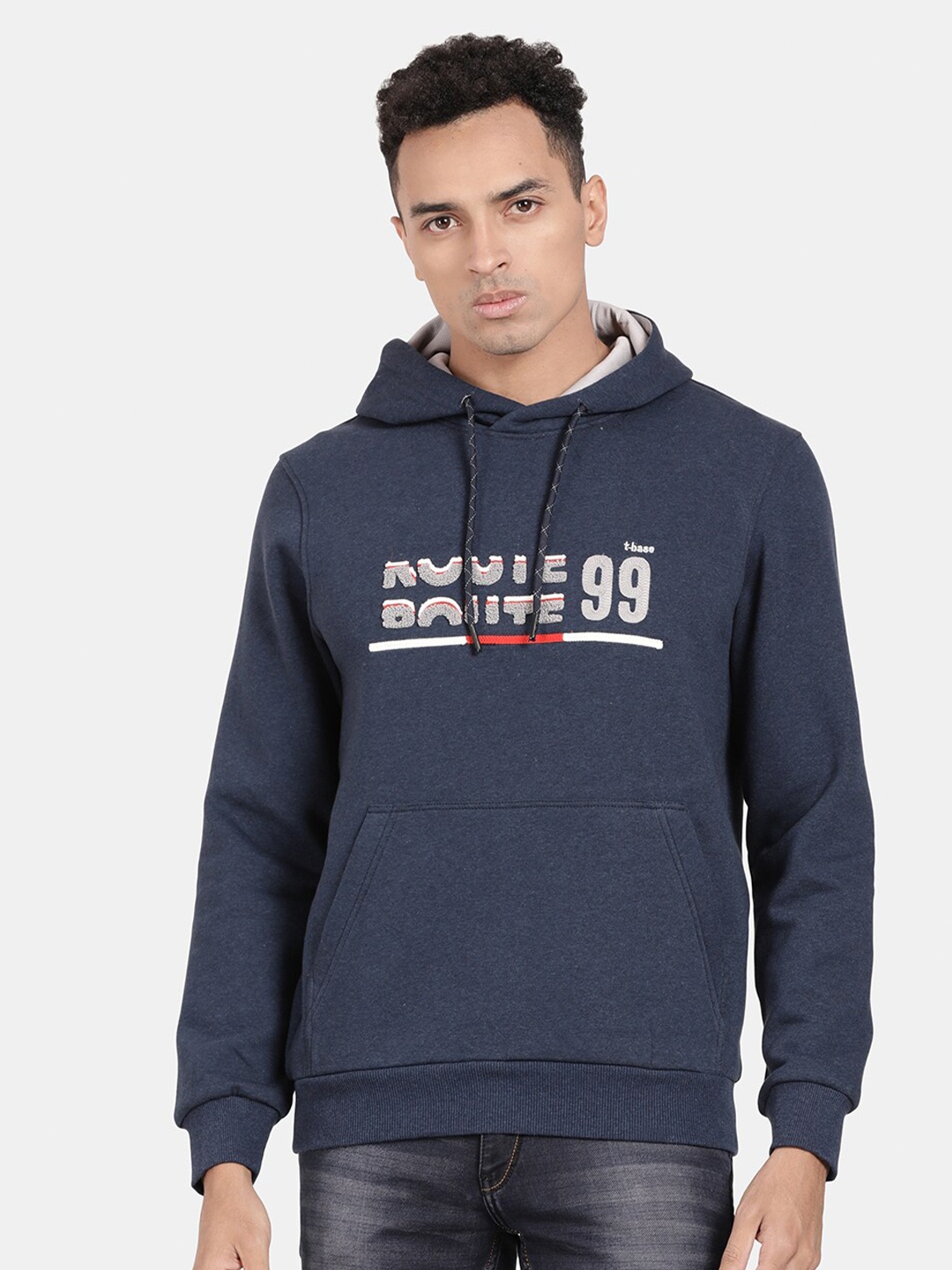 

t-base Typography Printed Hooded Pullover, Navy blue