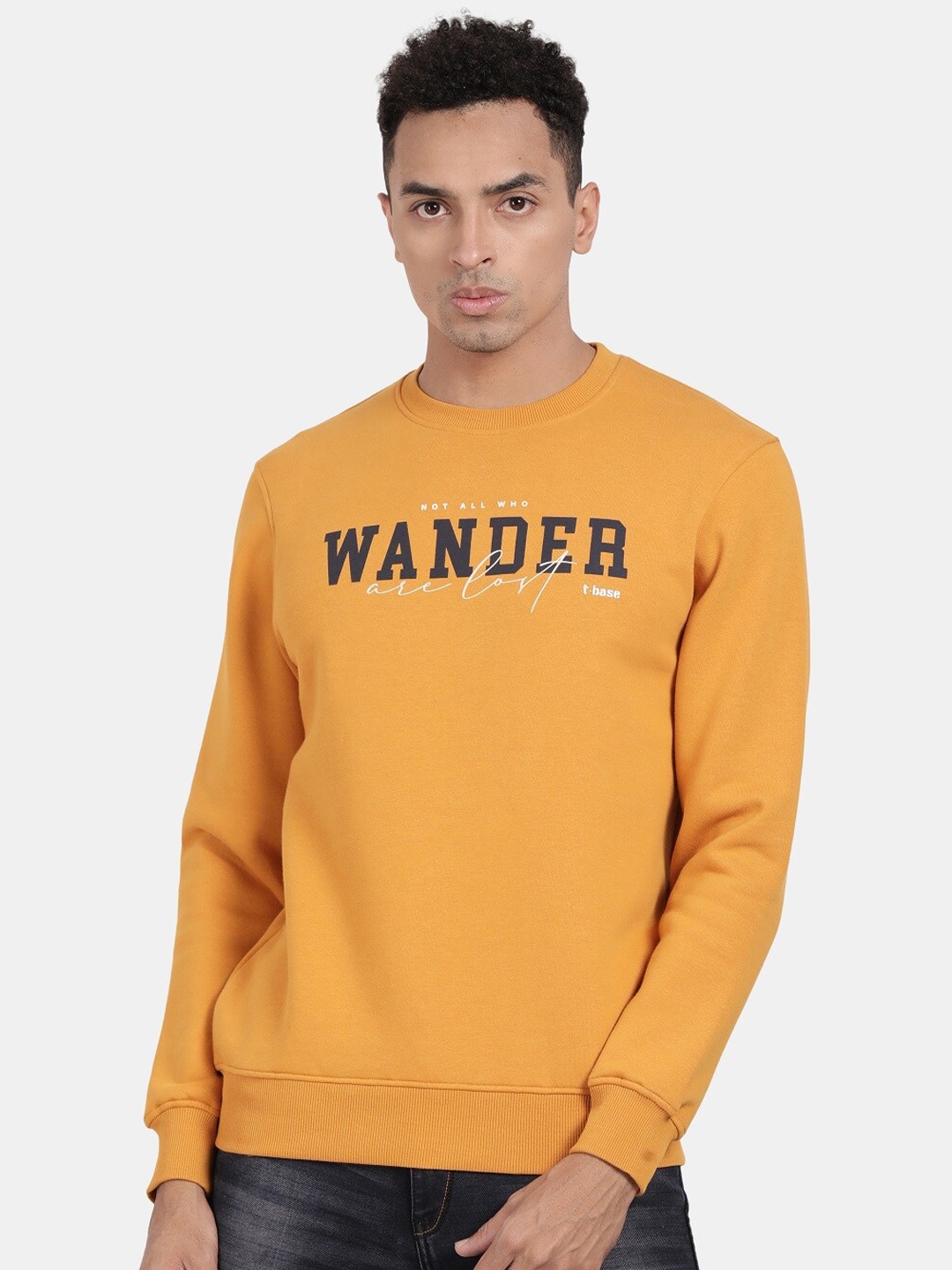 

t-base Typography Printed Round Neck Pullover, Mustard