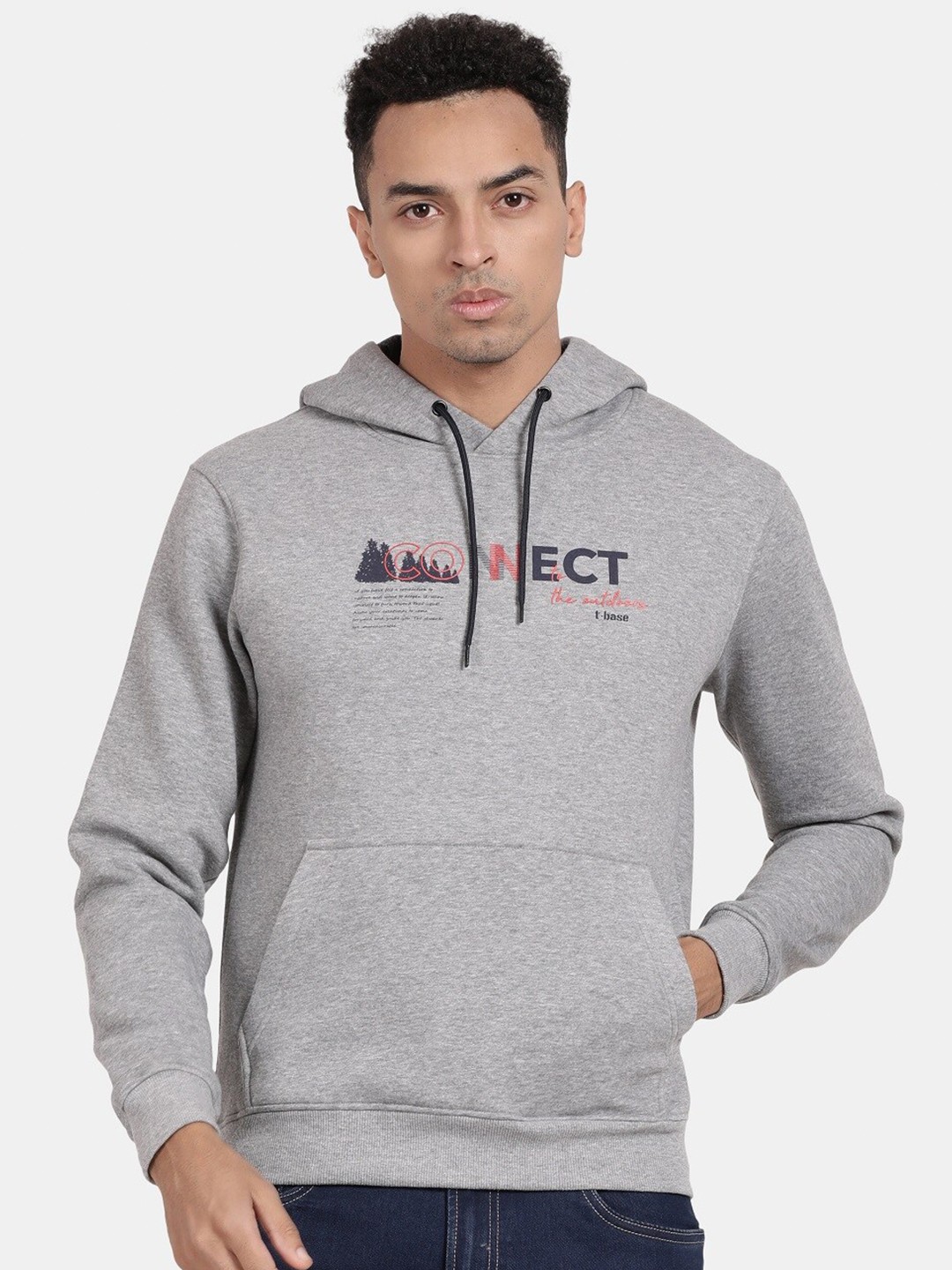 

t-base Typography Printed Hooded Pullover, Grey melange
