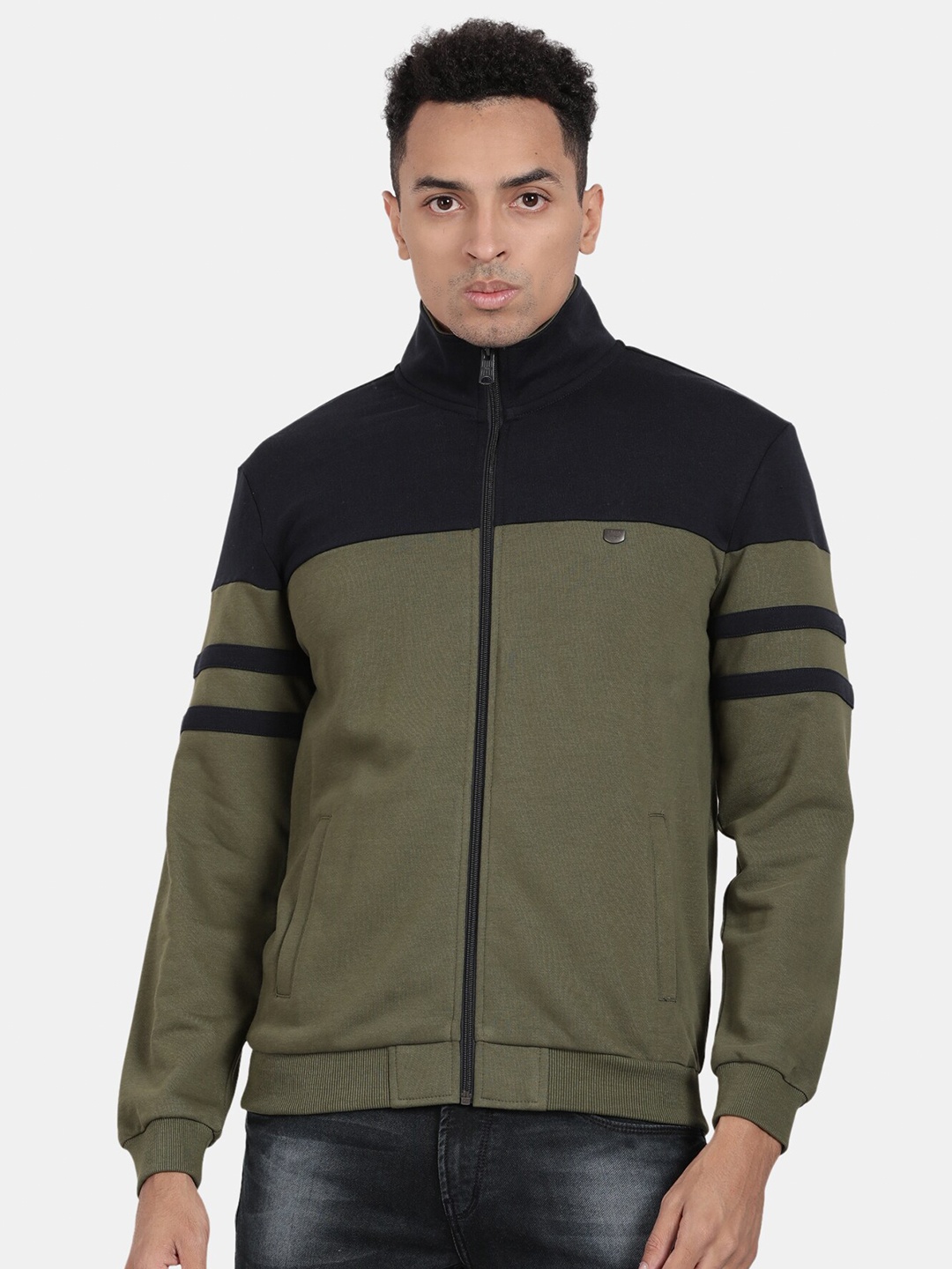 

t-base Mock Collar Colourblocked Front Open Sweatshirt, Green