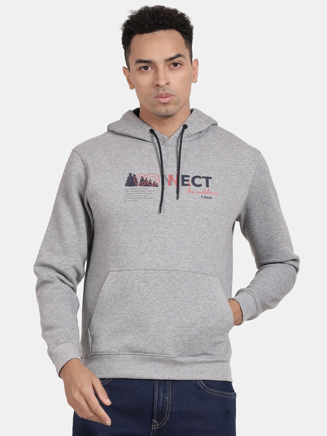 

t-base Typography Printed Hooded Sweatshirt, Grey melange