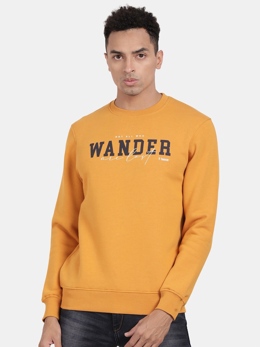 

t-base Typography Printed Round Neck Pullover, Mustard