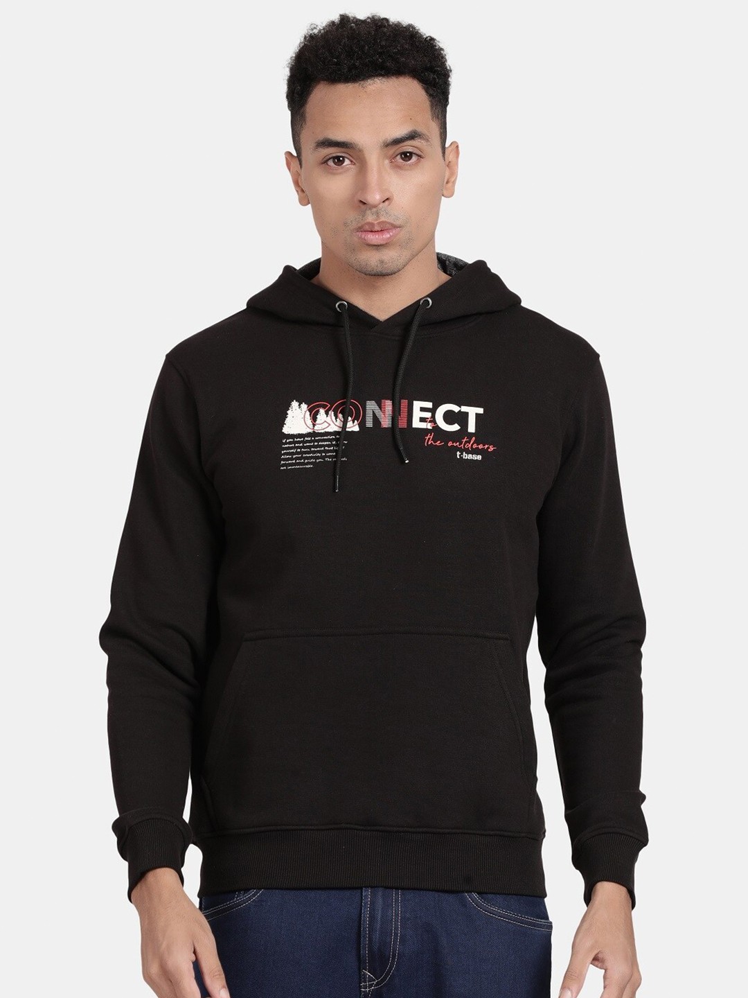 

t-base Typography Printed Hooded Pullover, Black