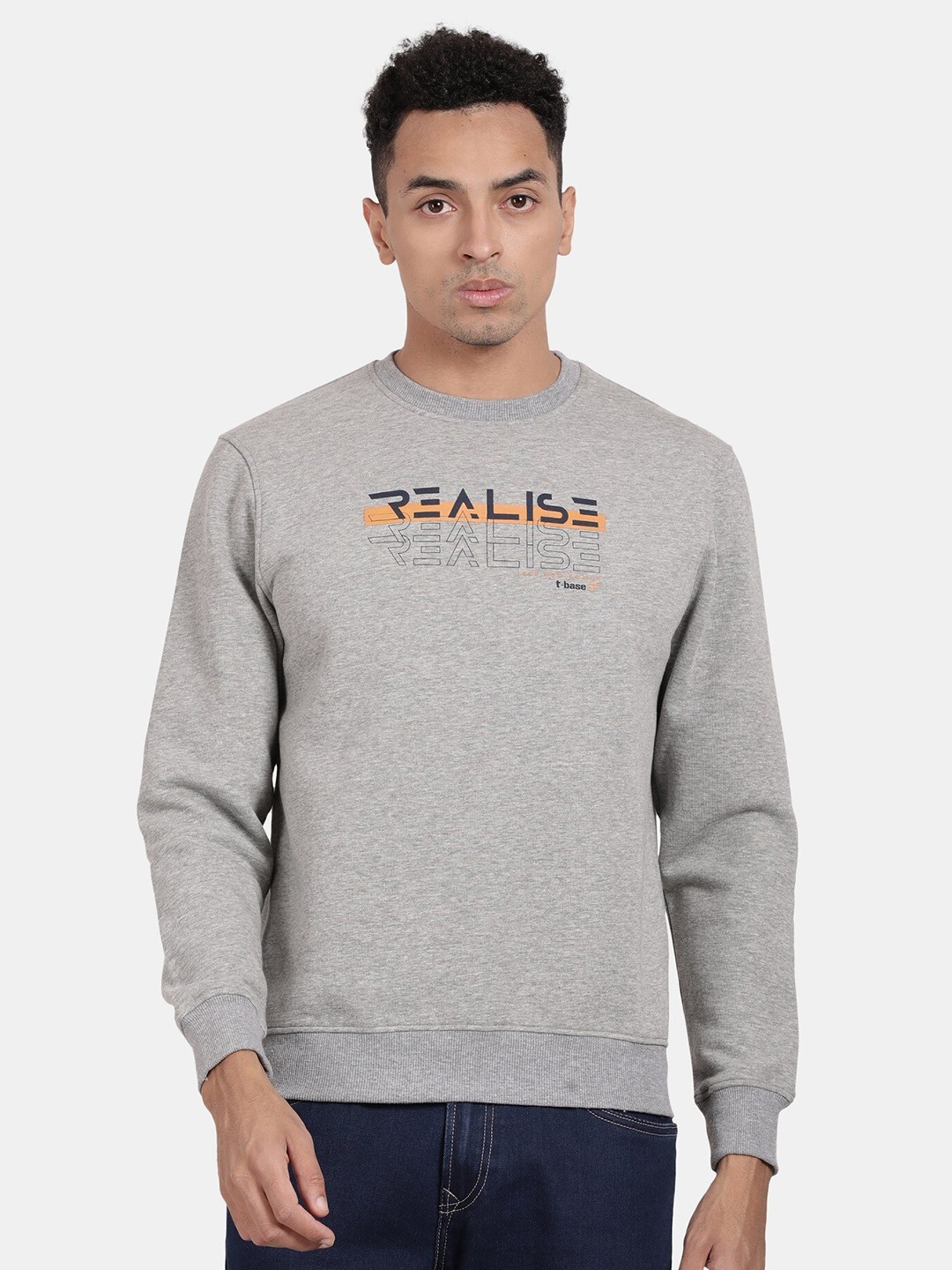 

t-base Typography Printed Pullover, Grey melange