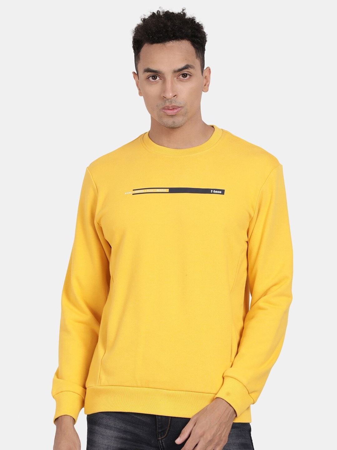 

t-base Round Neck Long Sleeves Cotton Ribbed Sweatshirt, Yellow