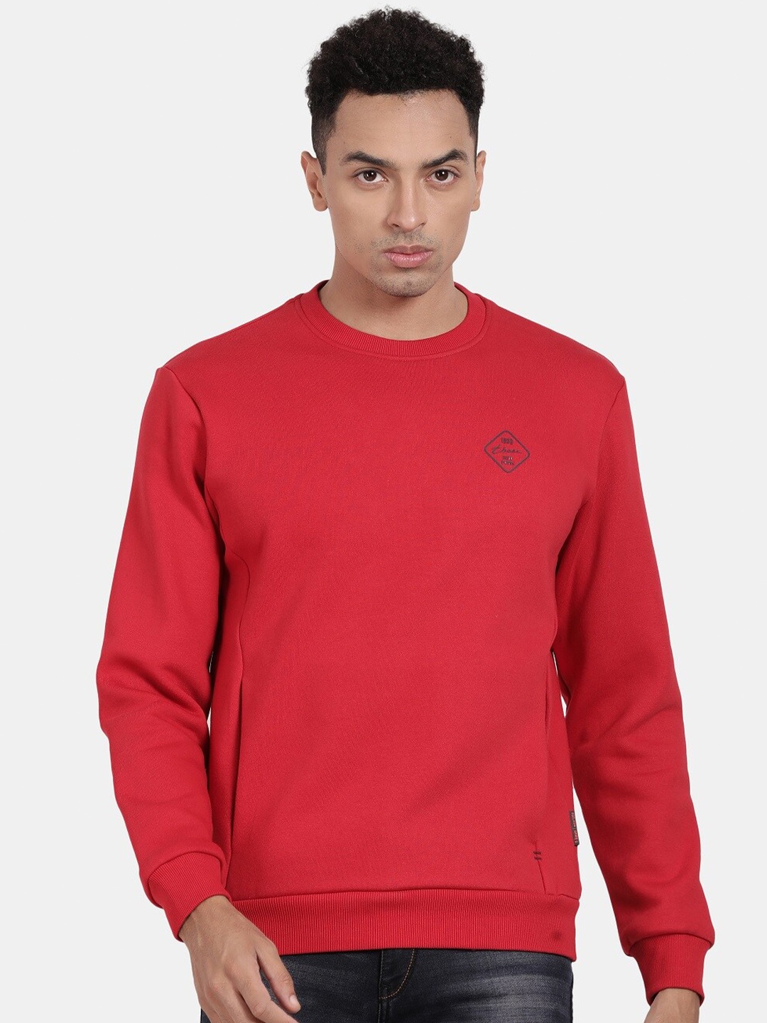 

t-base Round Neck Long Sleeves Cotton Ribbed Sweatshirt, Red