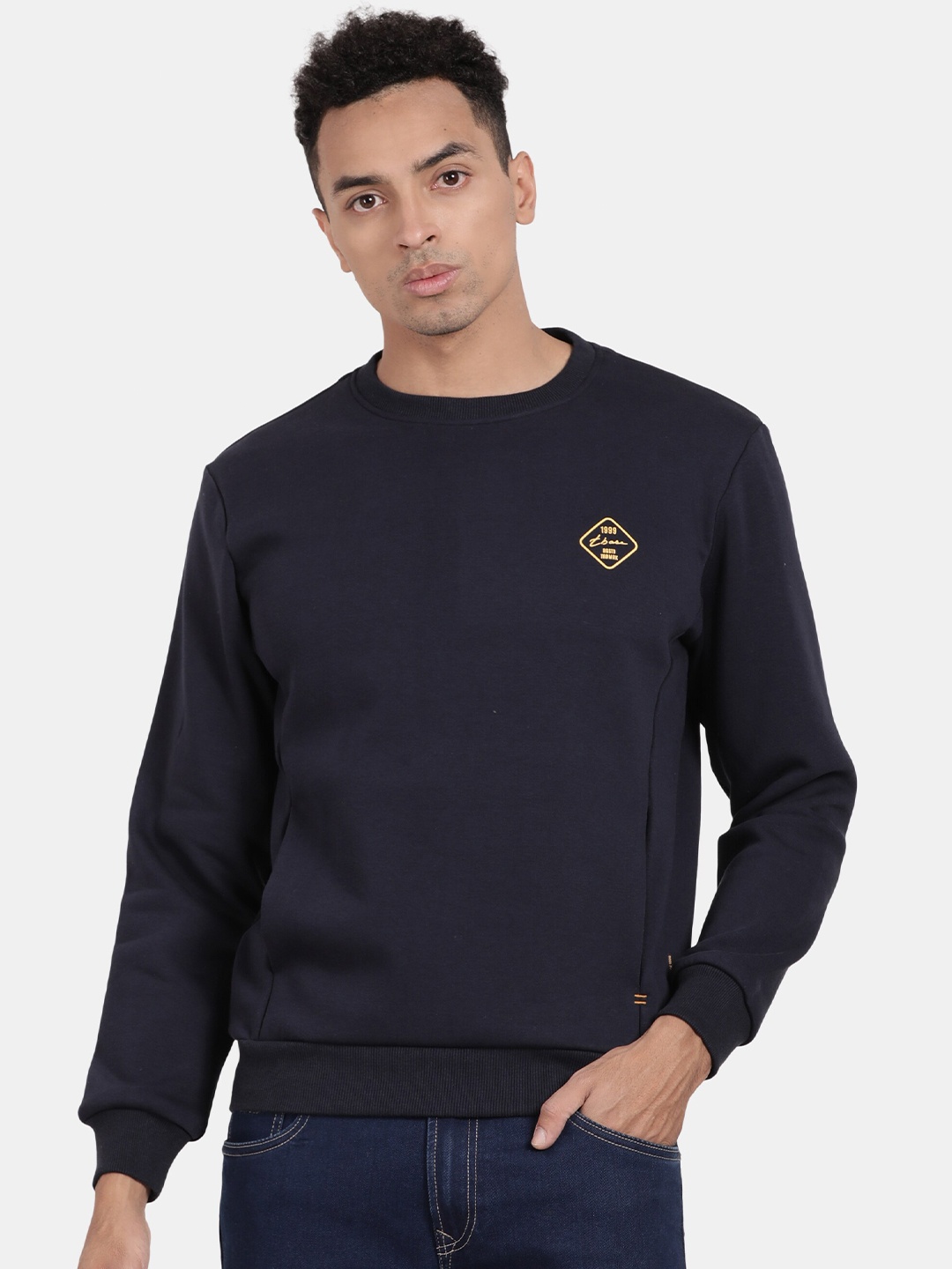 

t-base Round Neck Long Sleeves Cotton Ribbed Sweatshirt, Navy blue