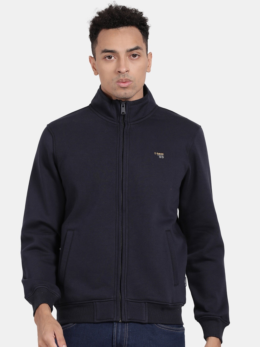 

t-base Mock Collar Cotton Front Open Sweatshirt, Navy blue