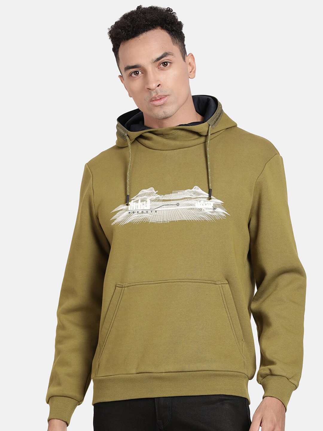 

t-base Typography Printed Hooded Neck Cotton Pullover Sweatshirt, Olive