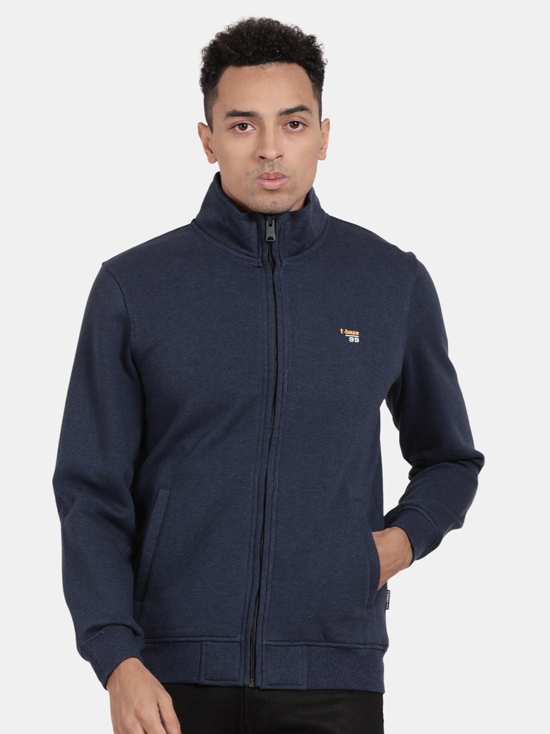 

t-base Men Solid Front Open Sweatshirt, Navy blue