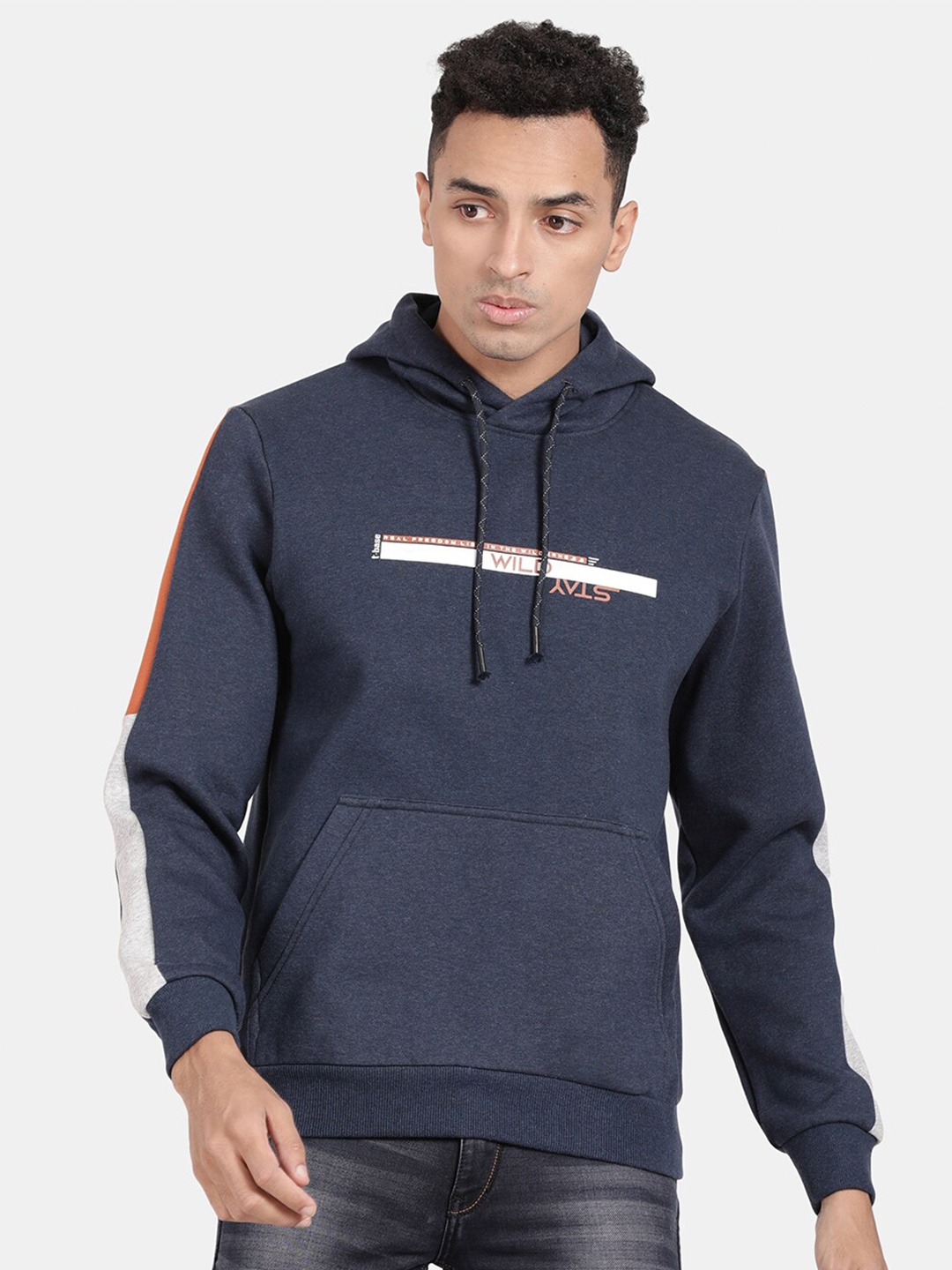 

t-base Typography Printed Hooded Sweatshirt, Navy blue