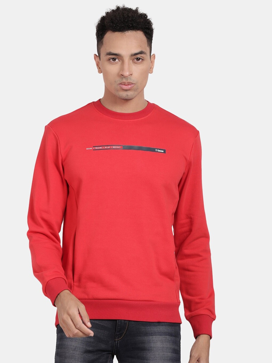 

t-base Typography Printed Round Neck Pullover Sweatshirt, Red