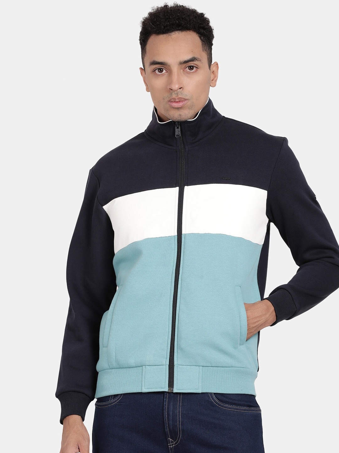 

t-base Mock Collar Colourblocked Cotton Sweatshirt, Navy blue