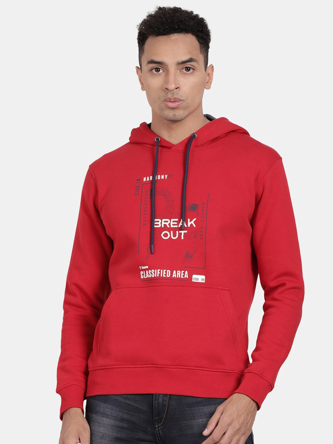 

t-base Hooded Neck Typography Printed Hooded Kangaroo Pocket Cotton Sweatshirt, Red