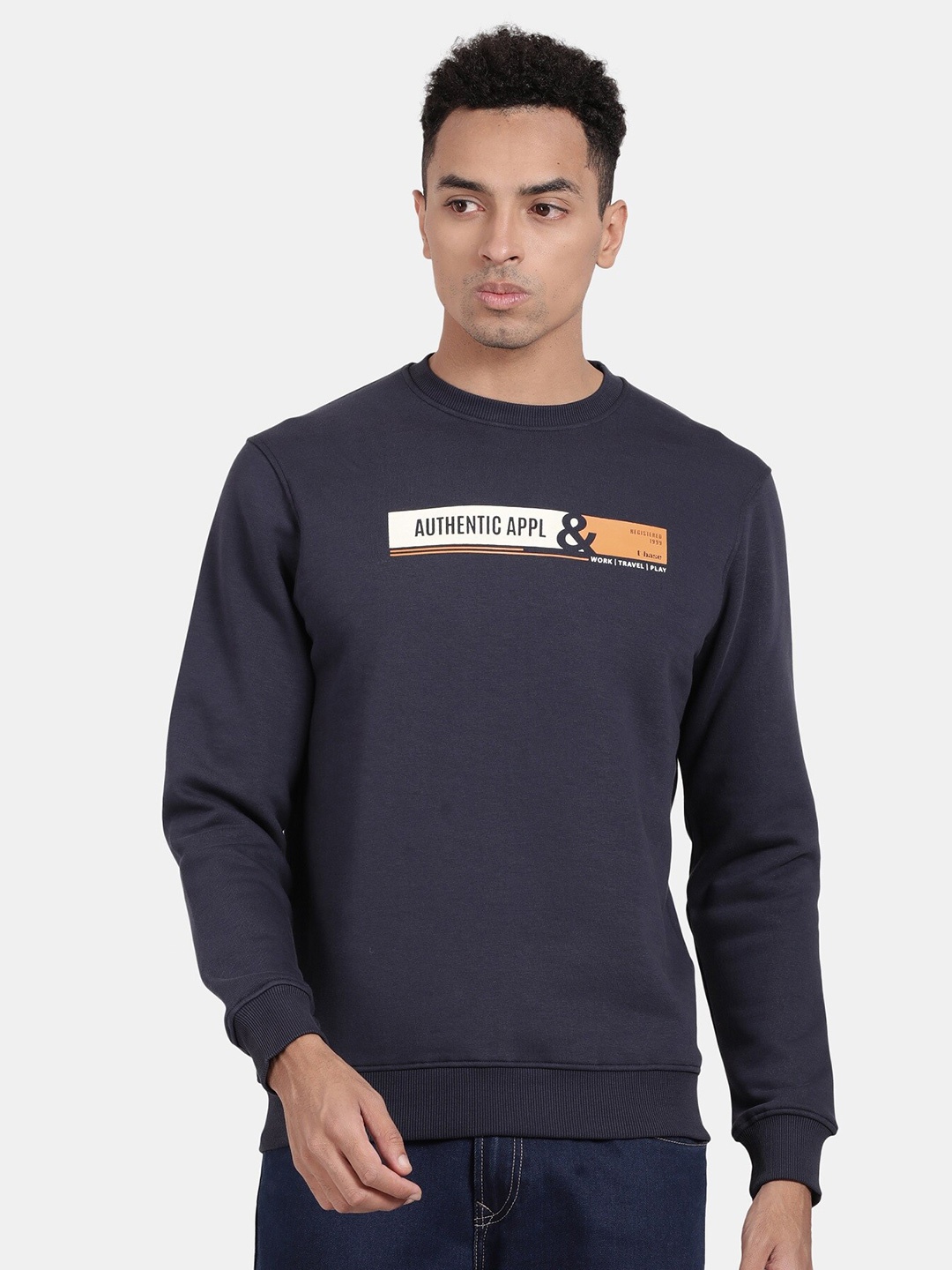 

t-base Round Neck Typography Printed Long Sleeves Cotton Ribbed Sweatshirt, Navy blue