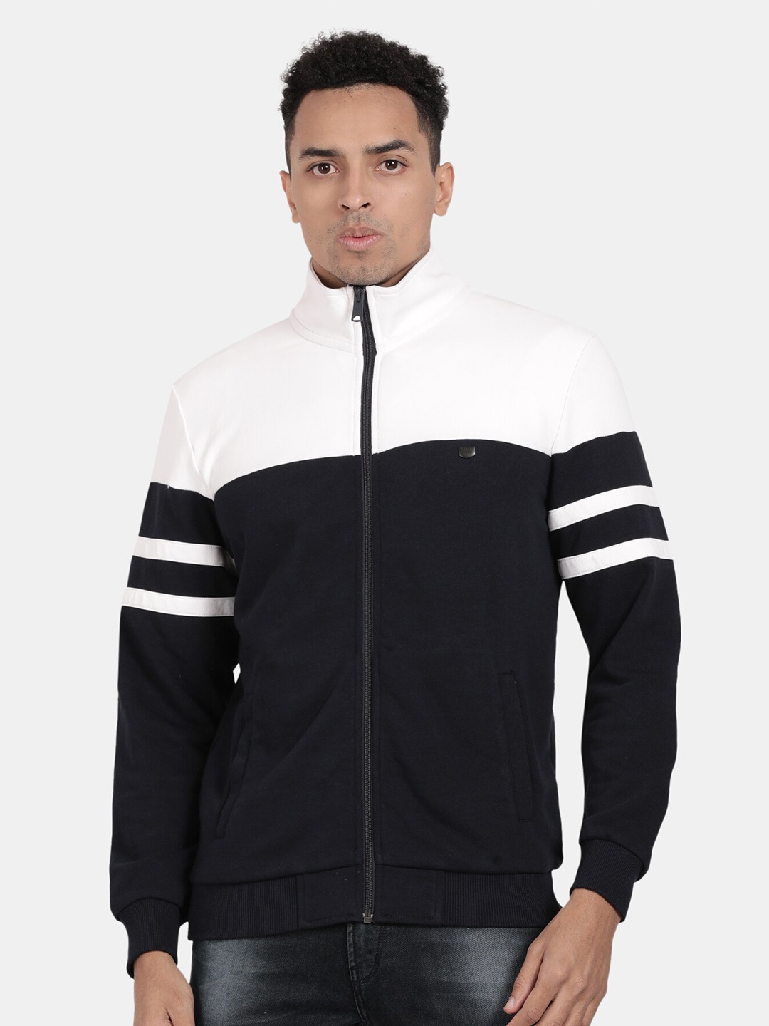 

t-base Mock Collar Colourblocked Cotton Sweatshirt, Navy blue