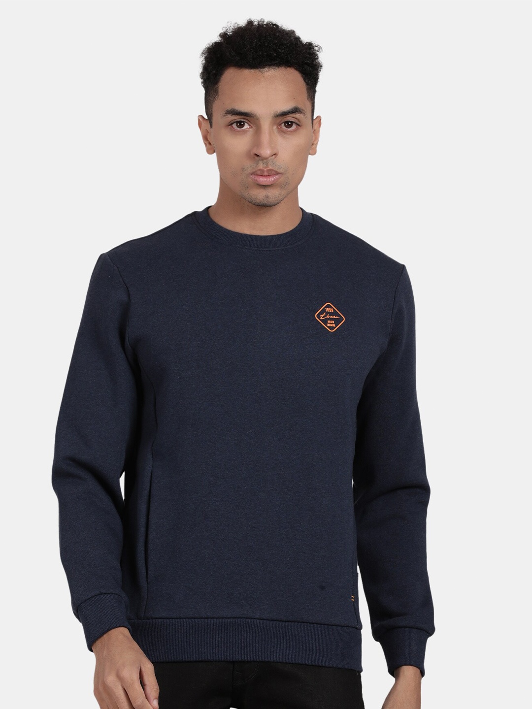 

t-base Round Neck Long Sleeves Ribbed Cotton Sweatshirt, Navy blue