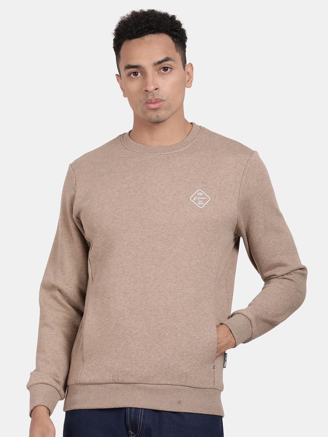 

t-base Round Neck Long Sleeves Ribbed Cotton Sweatshirt, Brown