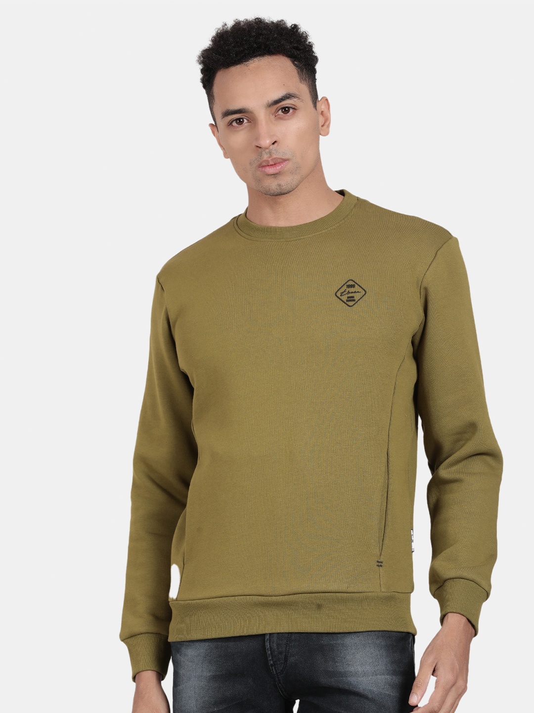 

t-base Round Neck Long Sleeves Ribbed Cotton Sweatshirt, Olive