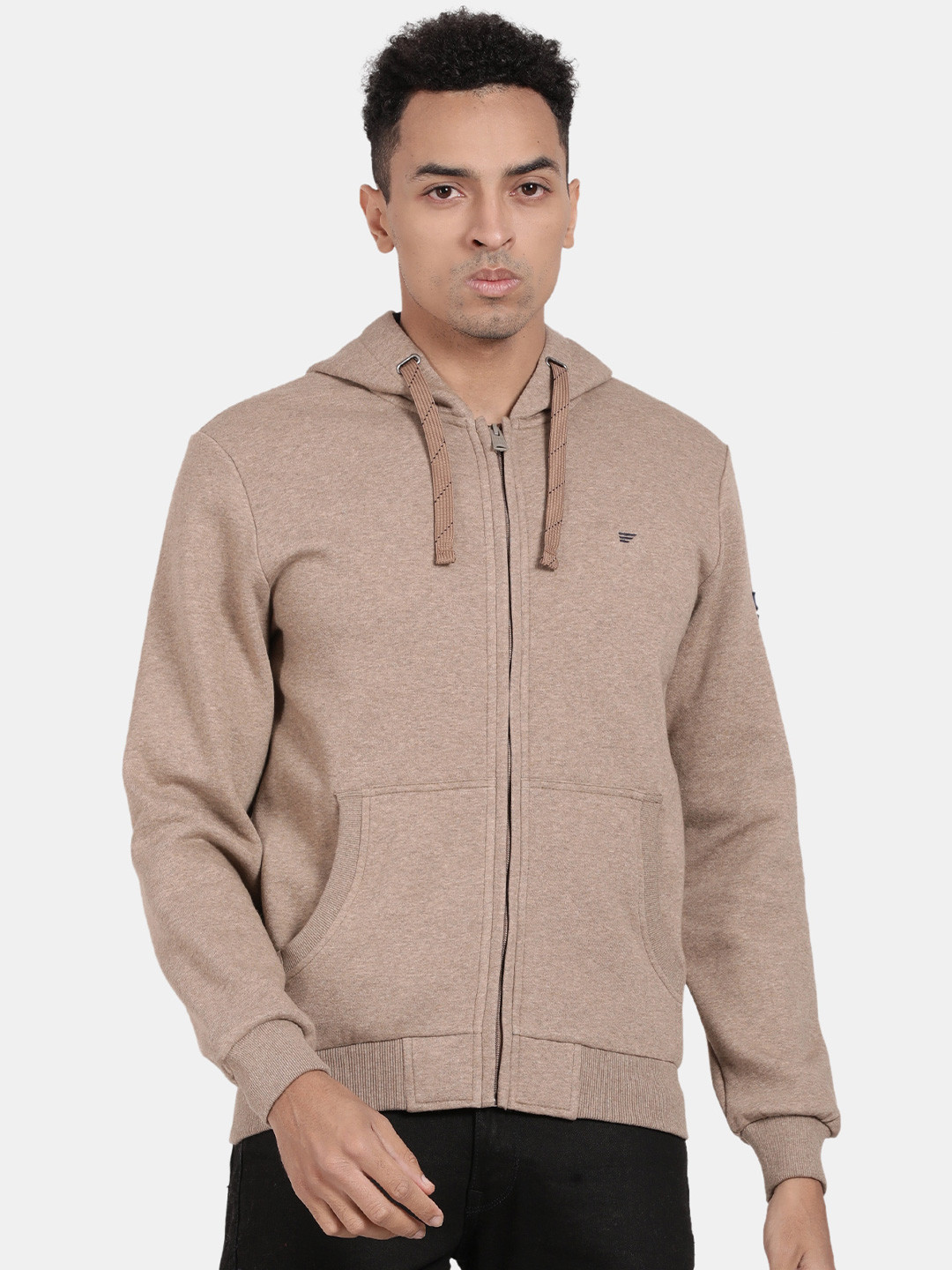 

t-base Kangaroo Pockets Ribbed Hooded Cotton Sweatshirt, Brown