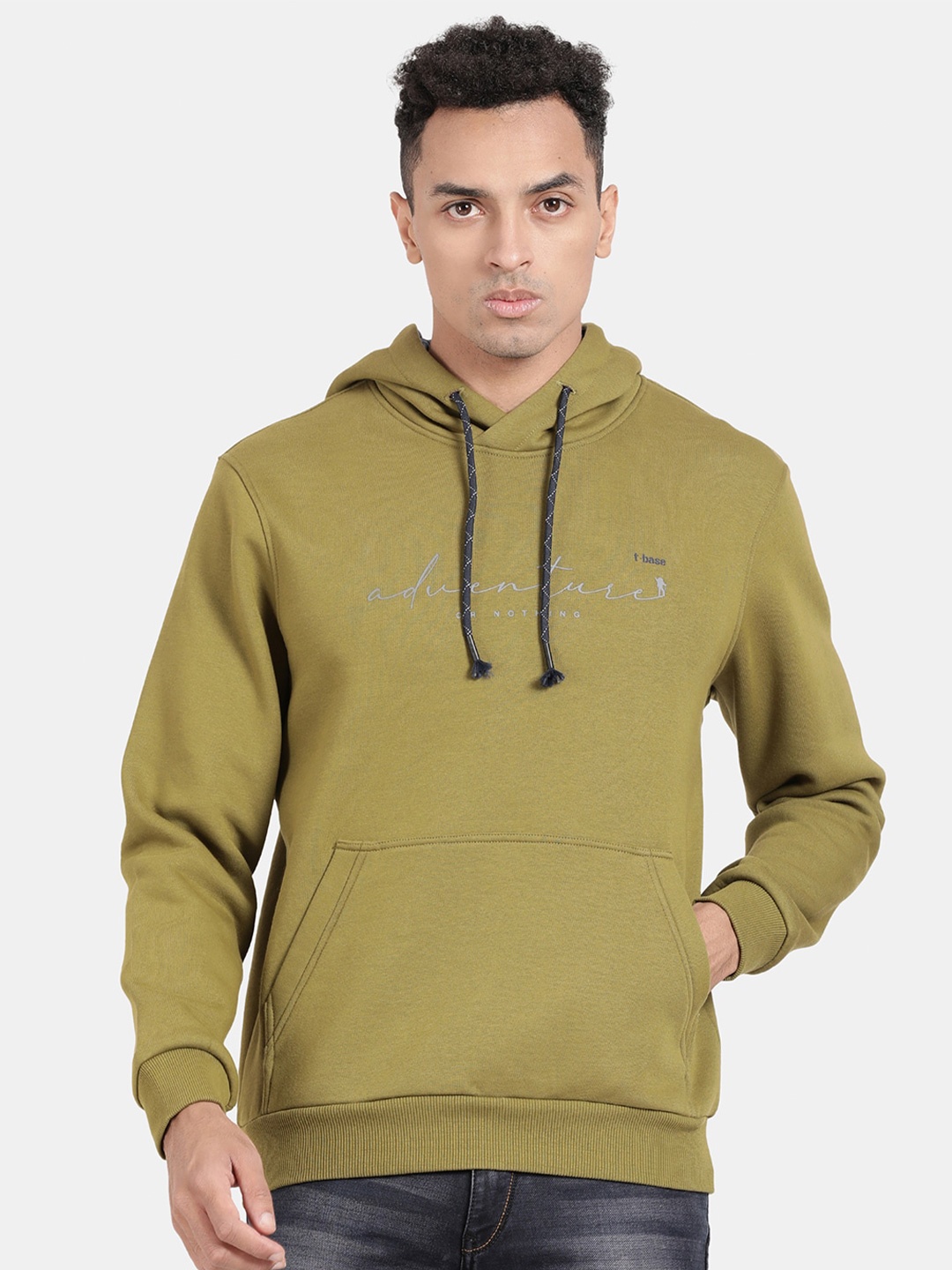 

t-base Kangaroo Pockets Ribbed Hooded Cotton Sweatshirt, Olive